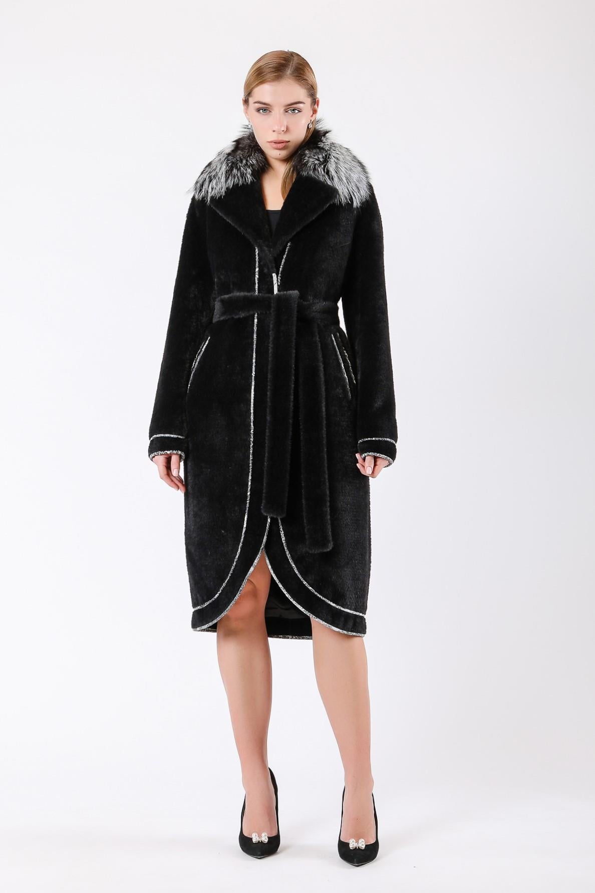 Manteau en laine noir avec détails en fourrure de renard et garniture en cuir, LC Leather Club