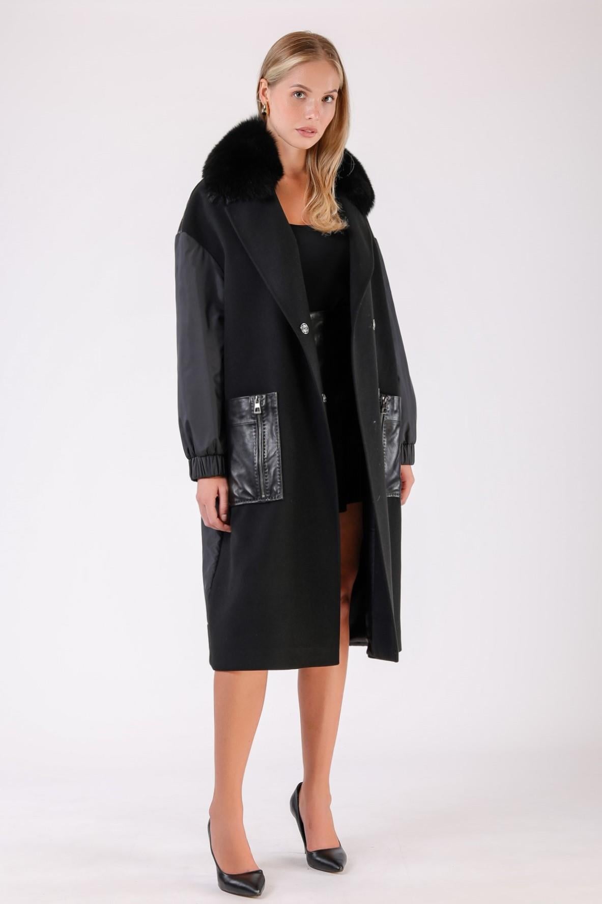 Manteau en cachemire noir avec garniture de fourrure de renard et détail de tissu, LC Leather Club