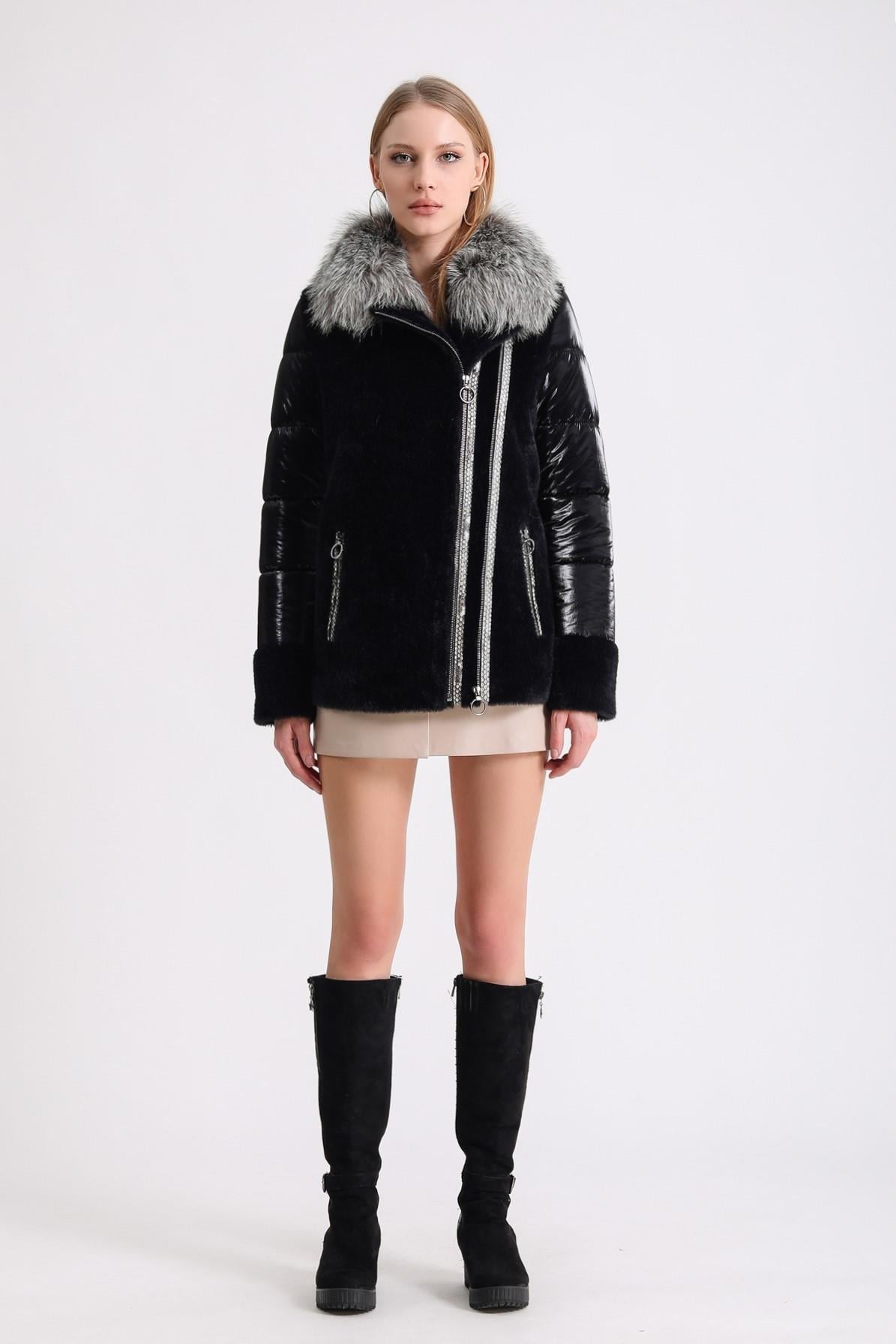 Manteau en laine noir avec fourrure de renard et garniture cuir python, LC Leather Club