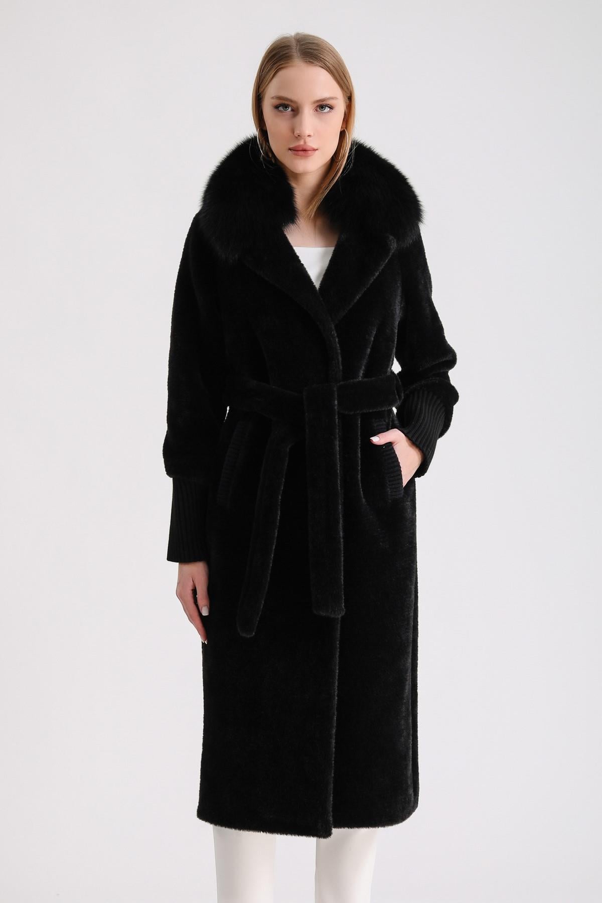 Manteau en laine noir avec garnitures en fourrure de renard, LC Leather Club