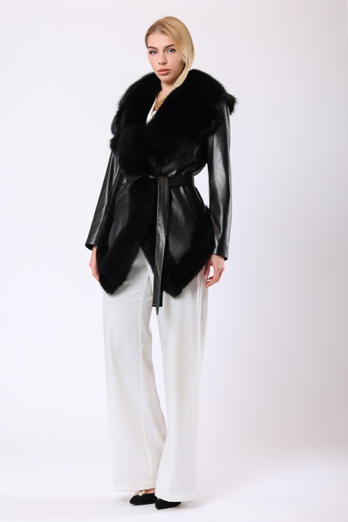 Manteau en cuir noir Gabriella avec détail fourrure, LC Leather Club