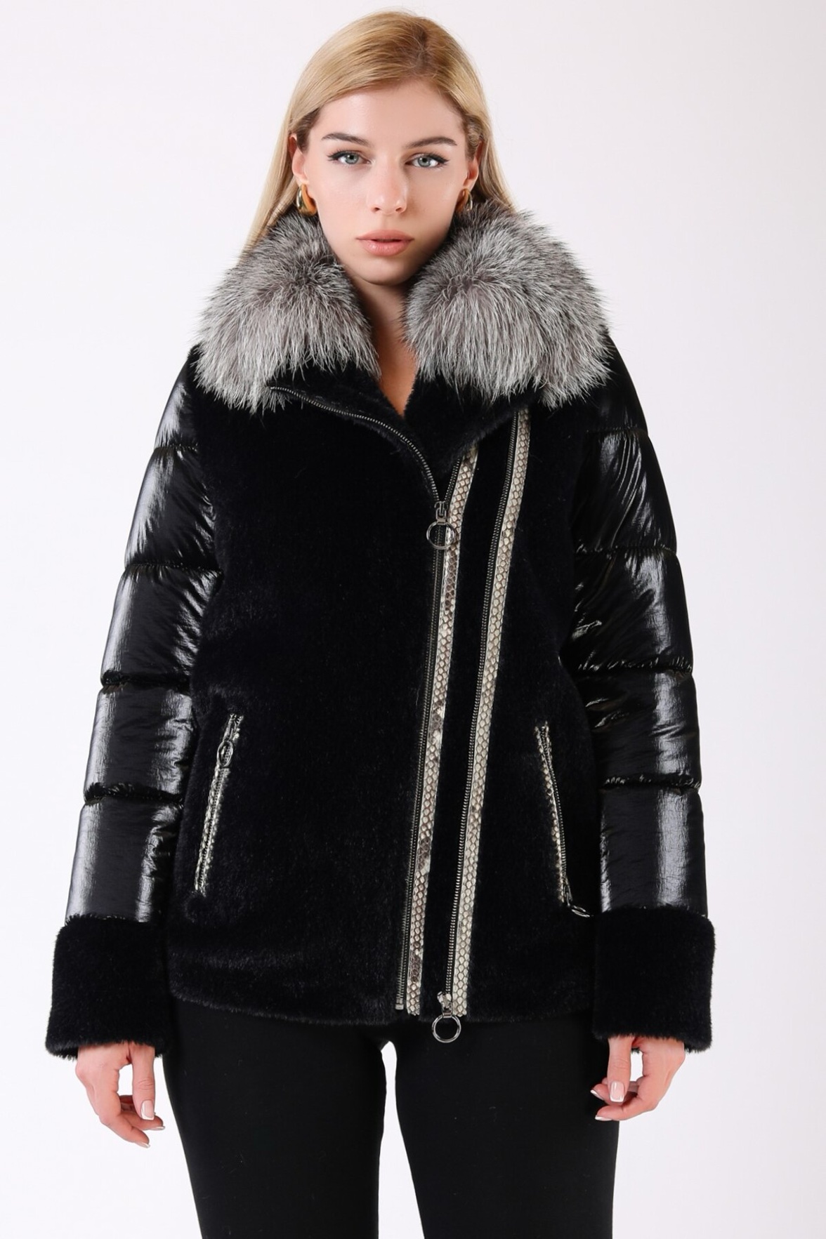 Czarna kurtka puchowa Glam z wykończeniem z lisa, LC Leather Club