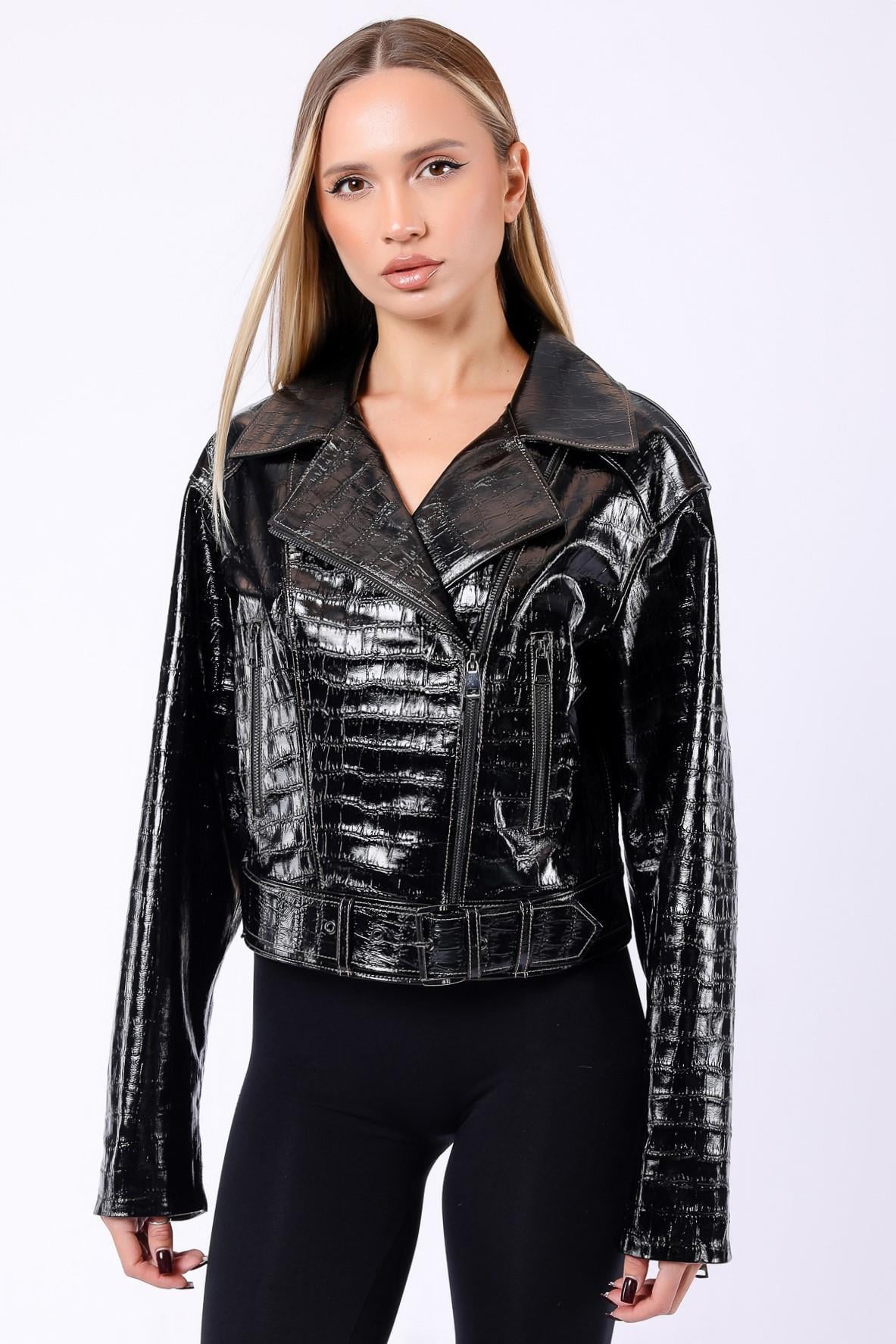 Veste en cuir noir Glam Croco, LC Leather Club
