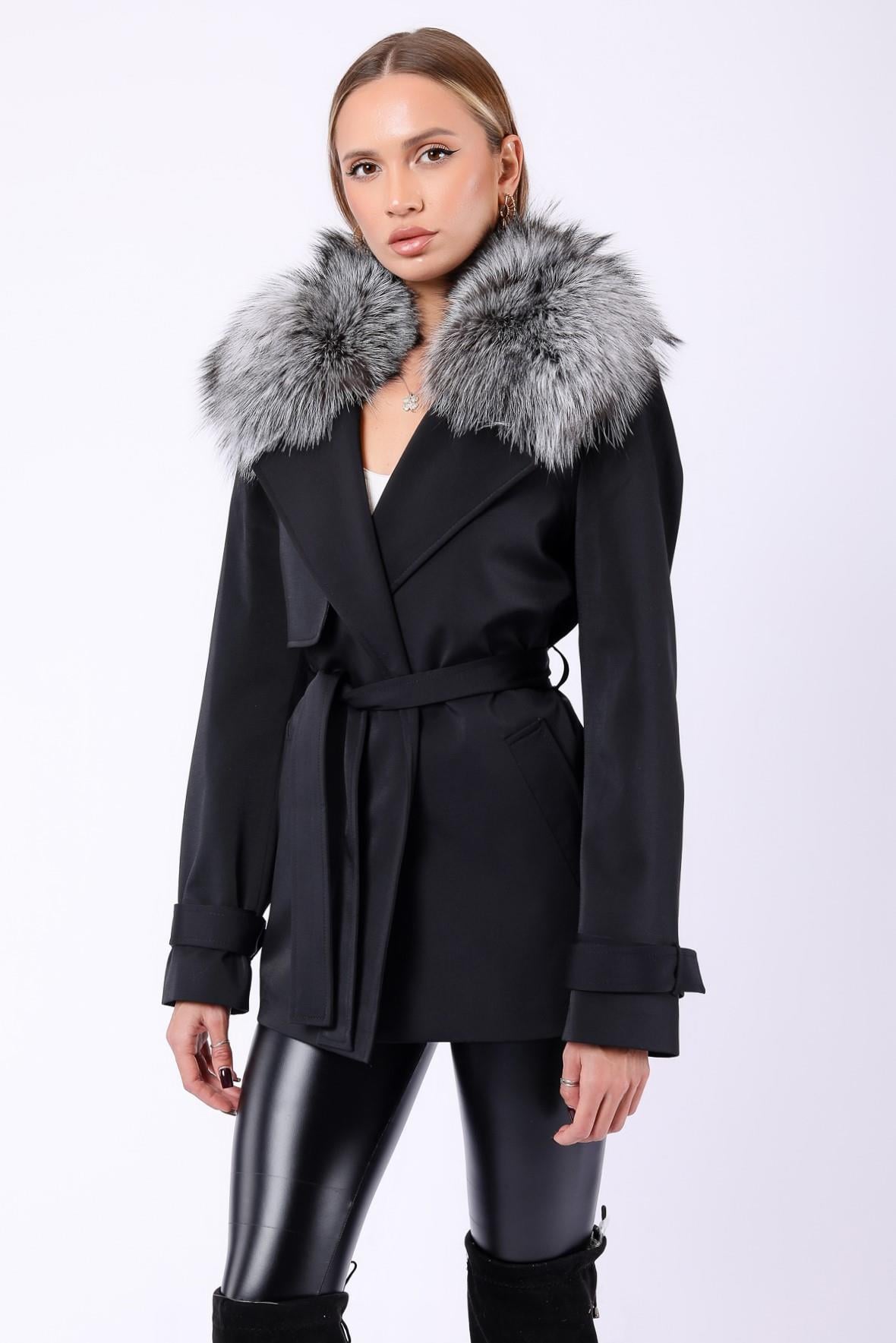 Trench en fibre noir avec accessoires en fourrure de renard véritable, LC Leather Club