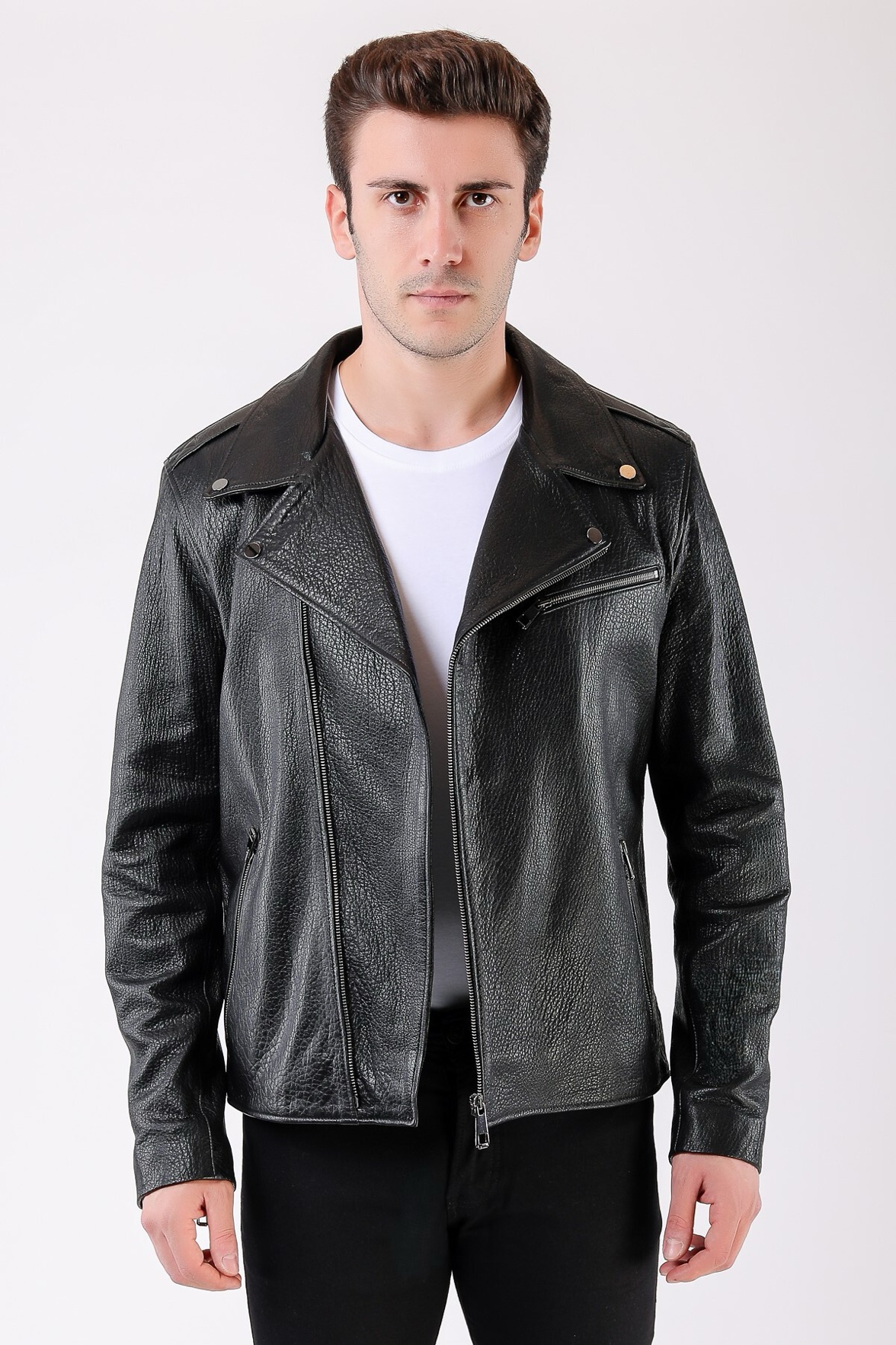 Czarna skórzana kurtka Jumbo Biker z prawdziwej skóry, LC Leather Club