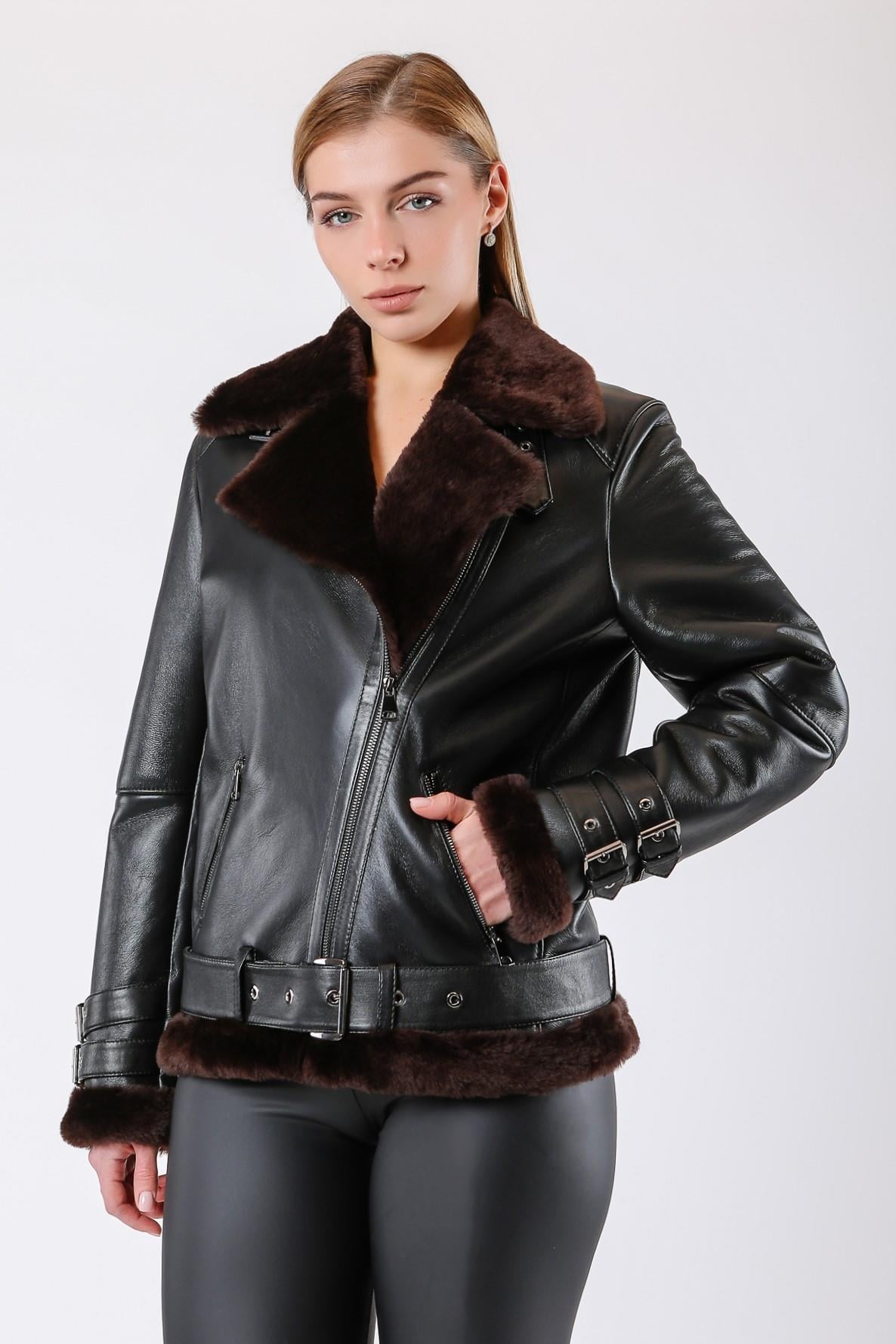 Schwarzer Ledermantel mit Pelzfutter in Schwarz und Braun, LC Leather Club