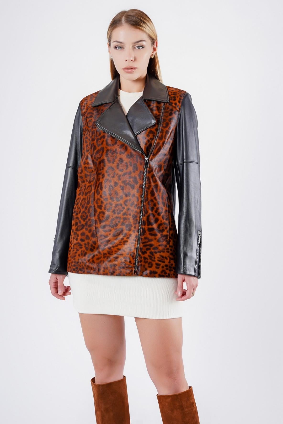 Veste en cuir noir avec motif léopard marron, LC Leather Club