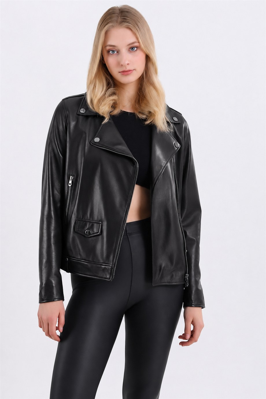 Siyah Kapak Cepli Biker Deri Ceket, LC Leather Club