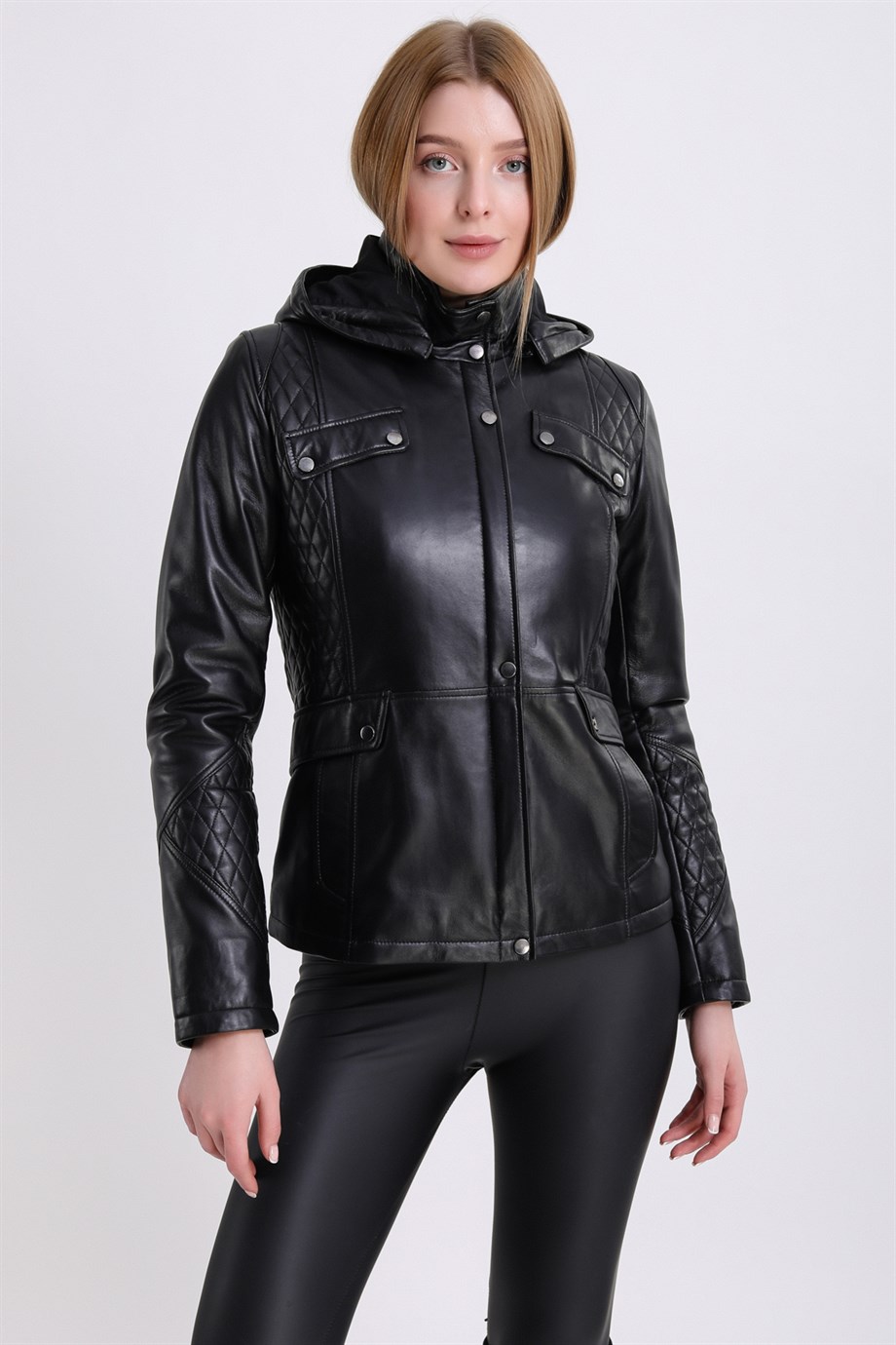 سترة جلدية سوداء برقلنسوة, LC Leather Club