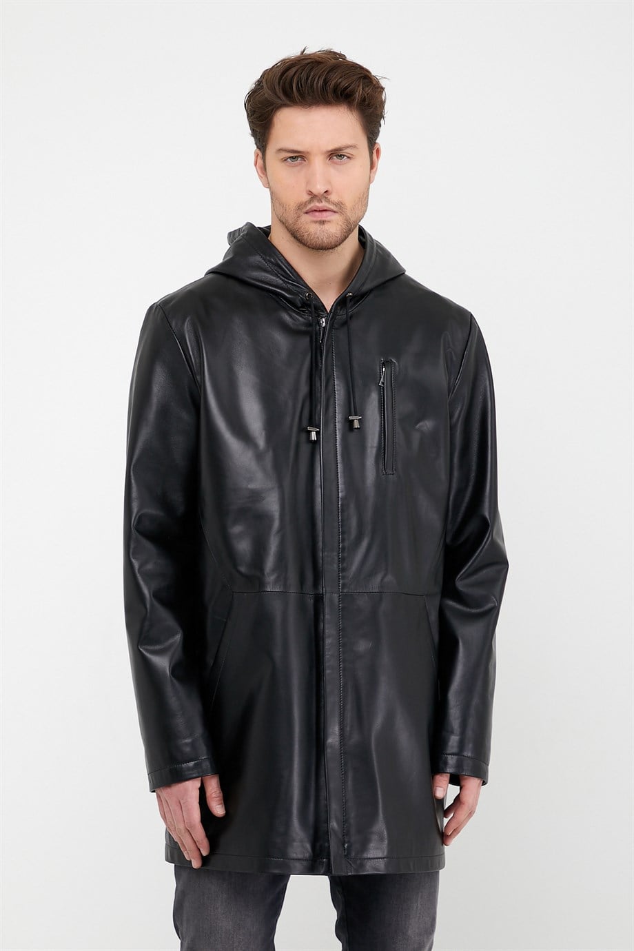 Manteau en cuir noir à capuche, LC Leather Club