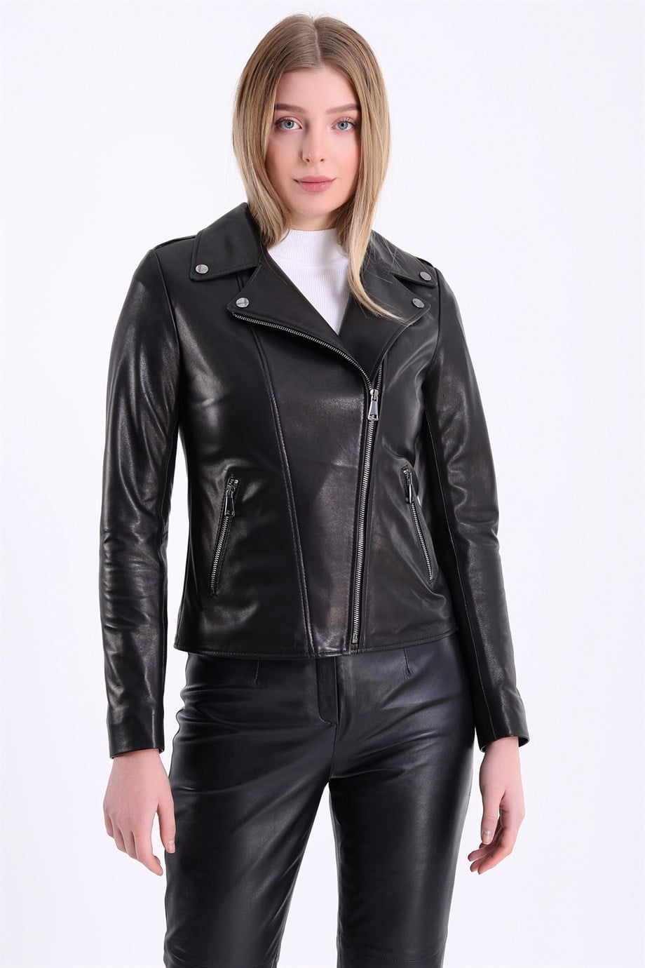 Veste en cuir noir ajustée avec détail de ceinture, LC Leather Club