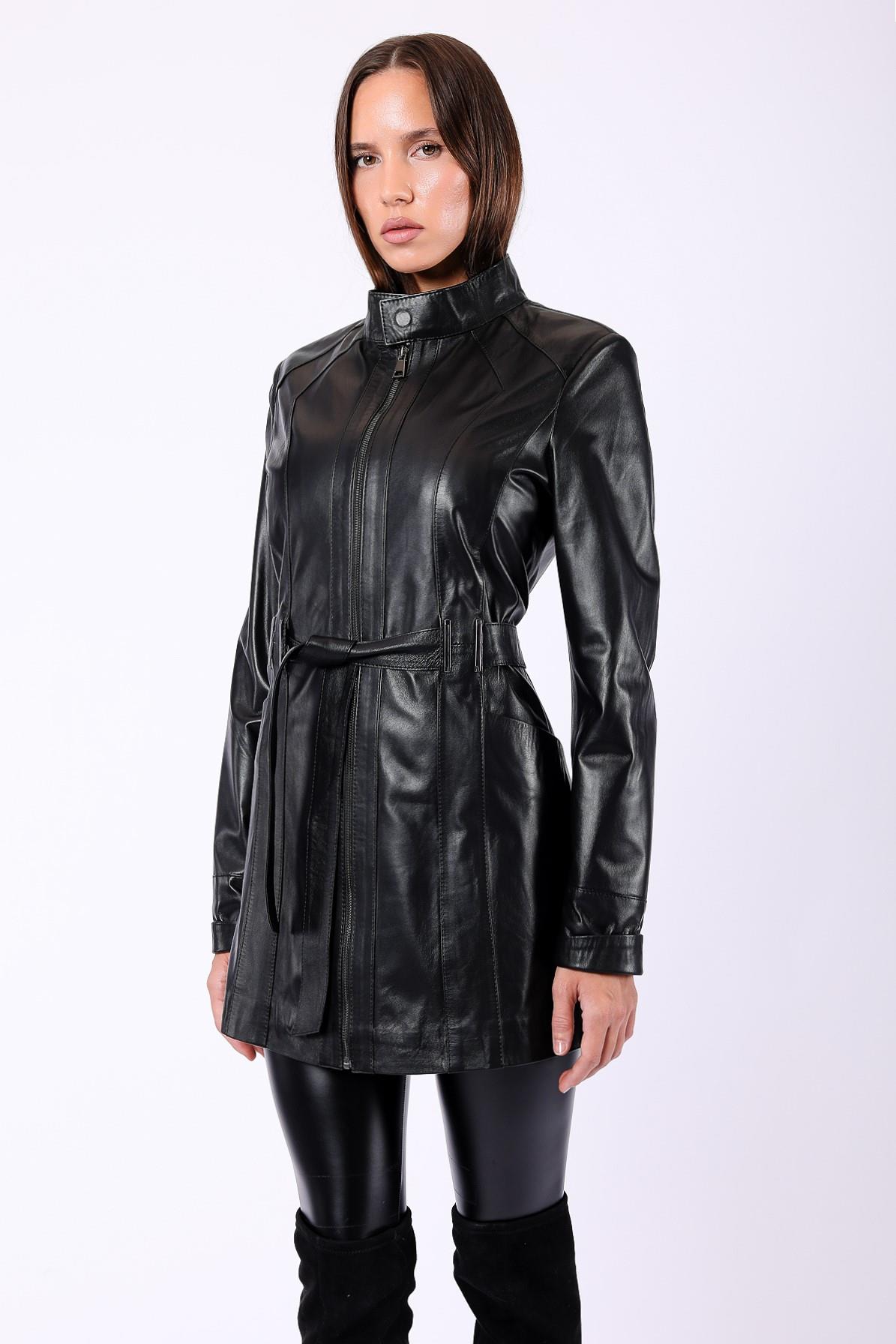 Manteau en cuir noir avec détail ceinture, LC Leather Club
