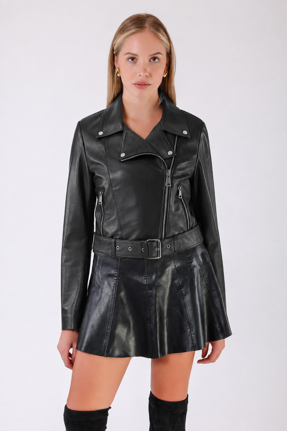 Siyah Kemerli Biker Deri Ceket, LC Leather Club