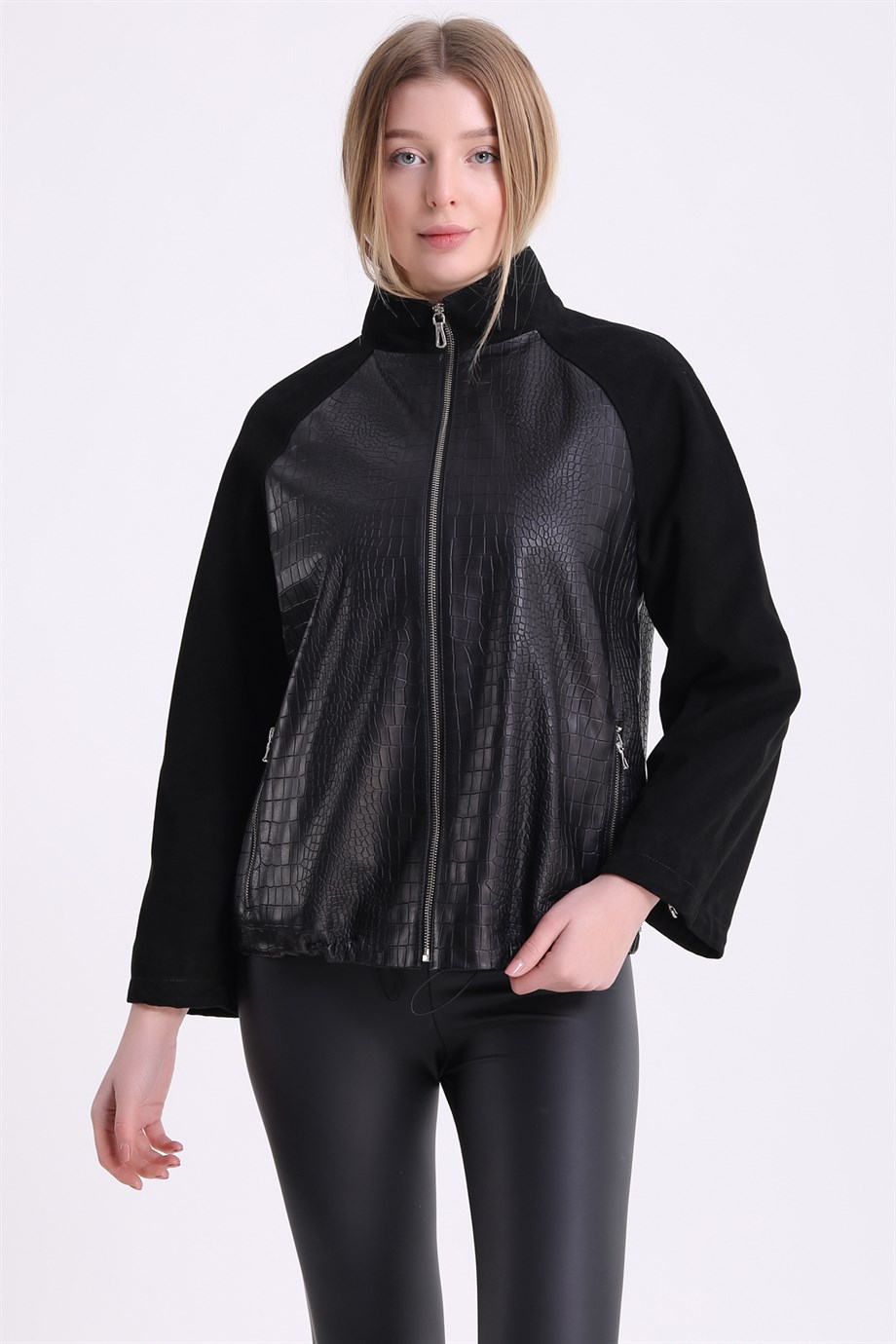 Veste en daim noir à motif crocodile, LC Leather Club