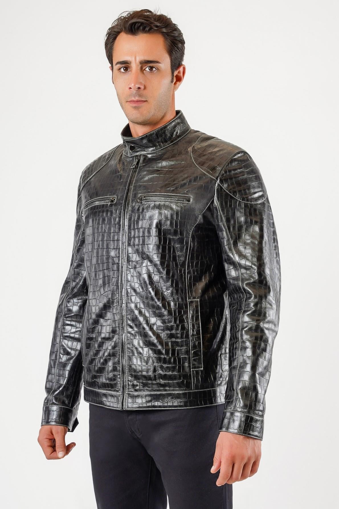 Schwarze Lederjacke mit Krokodilmuster, LC Leather Club