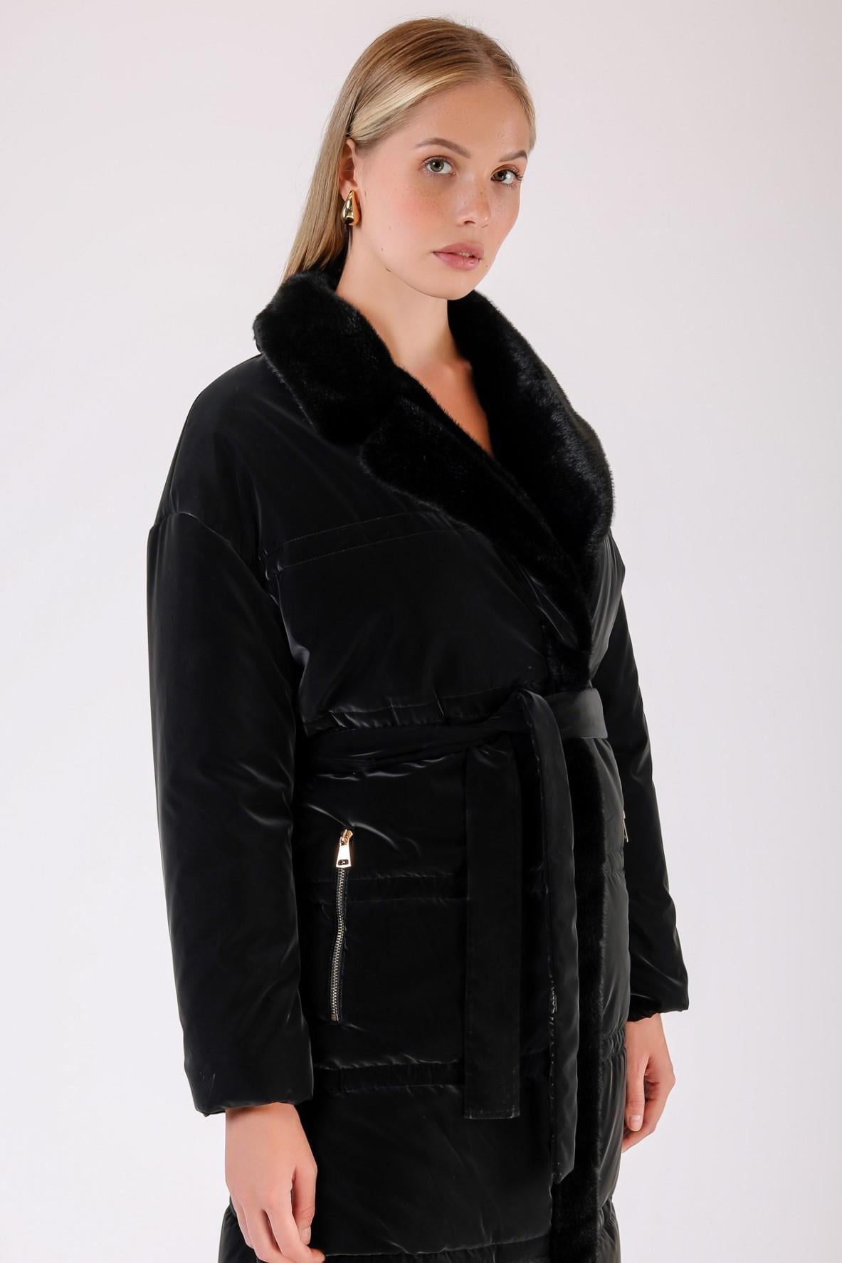 Manteau matelassé noir imperméable avec garniture de fourrure, LC Leather Club