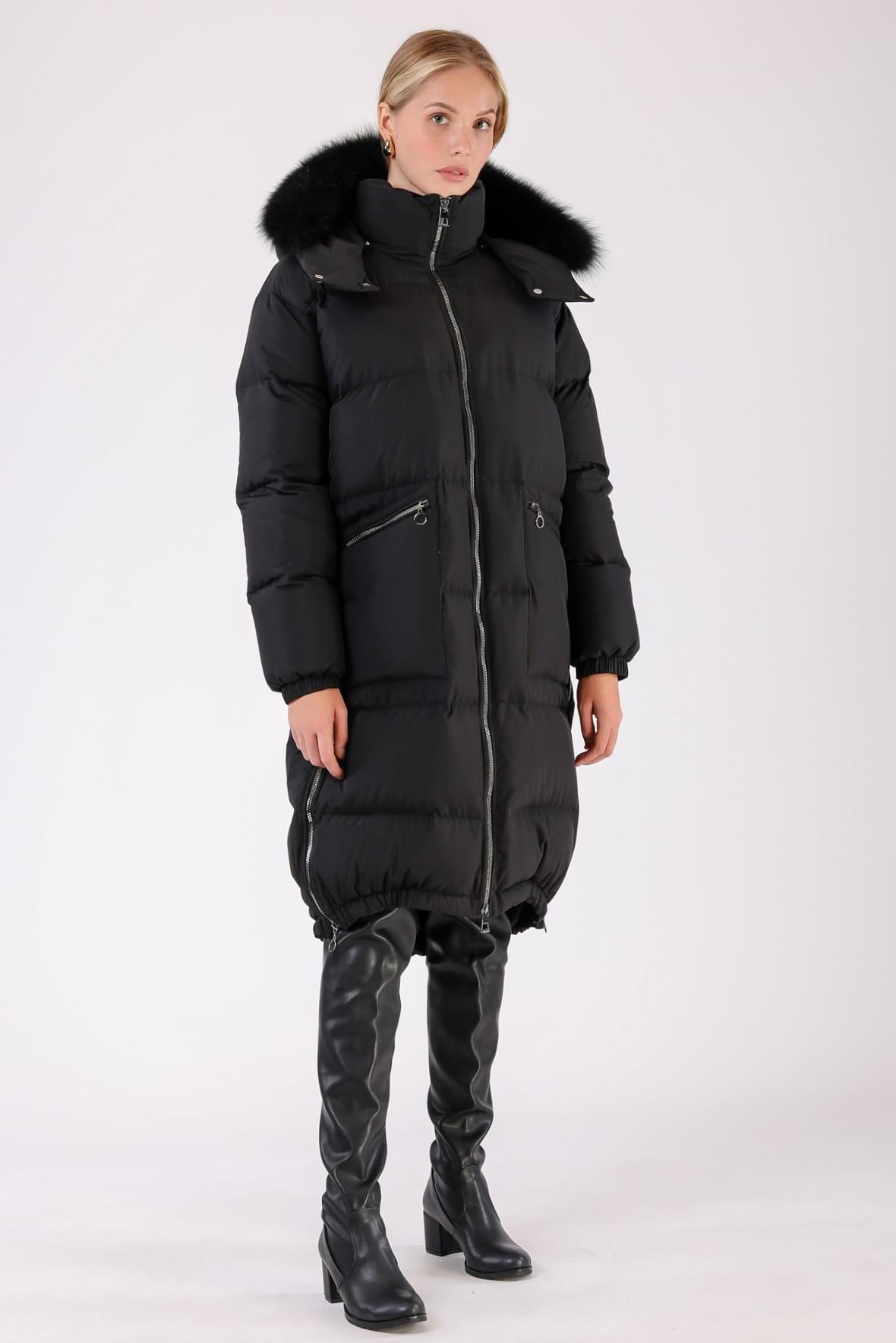 Manteau matelassé noir imperméable avec garniture de fourrure, LC Leather Club