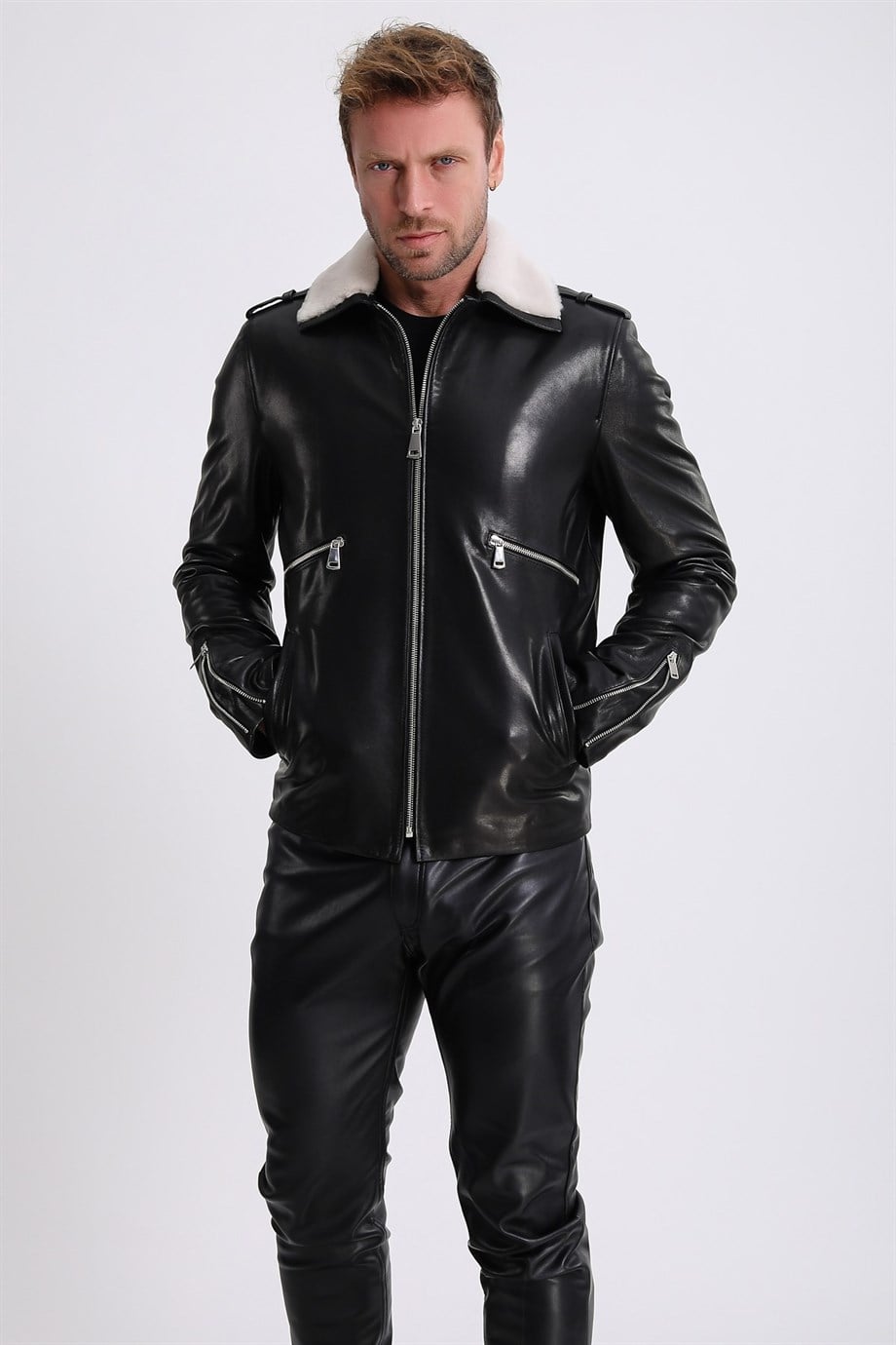 Zwarte plantaardig leren jas met bontmontage, LC Leather Club