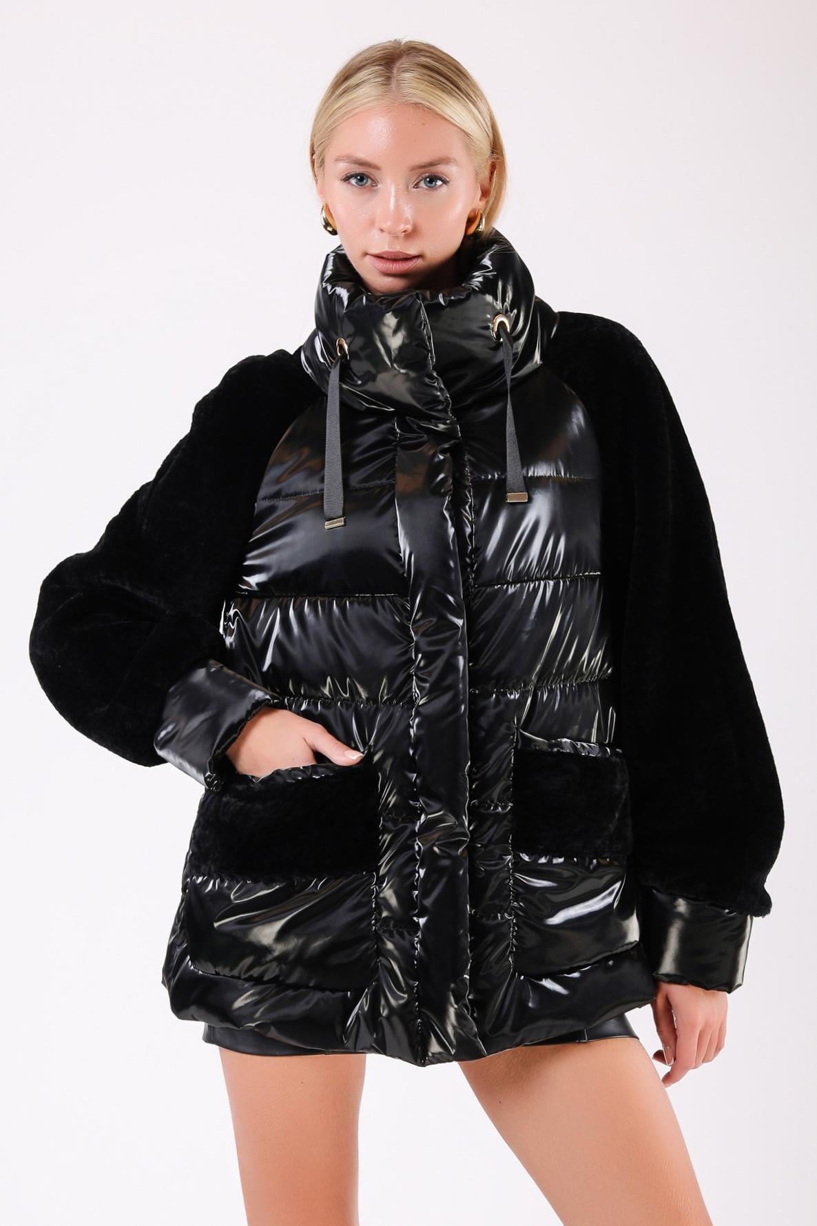 Doudoune noire avec garniture fourrure, LC Leather Club