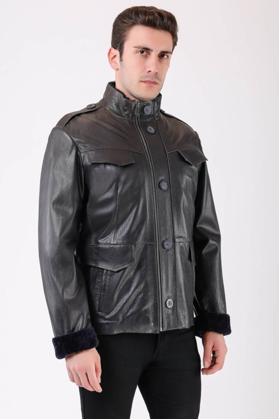 Czarna kurtka z prawdziwej skóry Commander z podszewką z futra, LC Leather Club