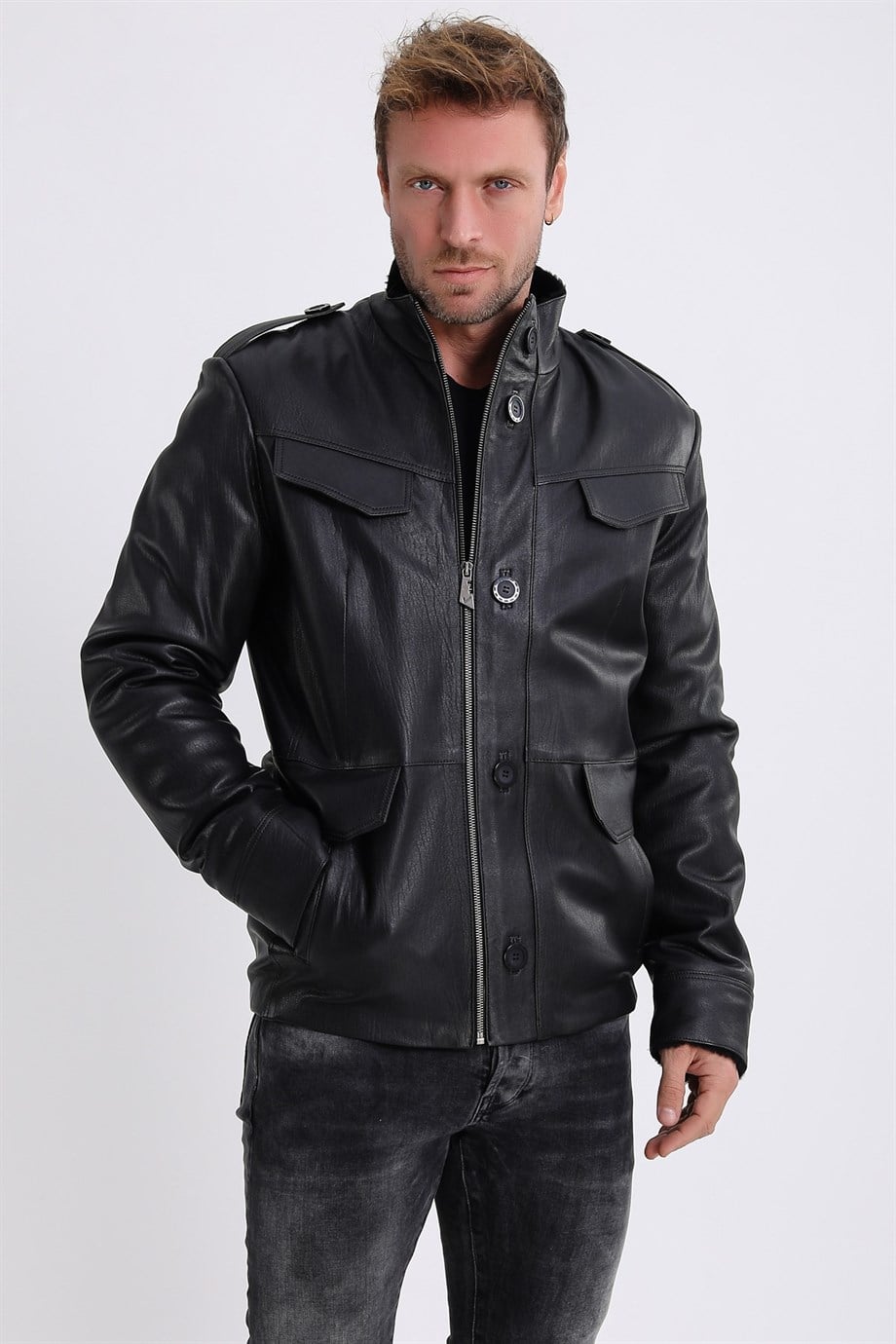 Veste Jumbo en cuir noir doublée de fourrure, LC Leather Club