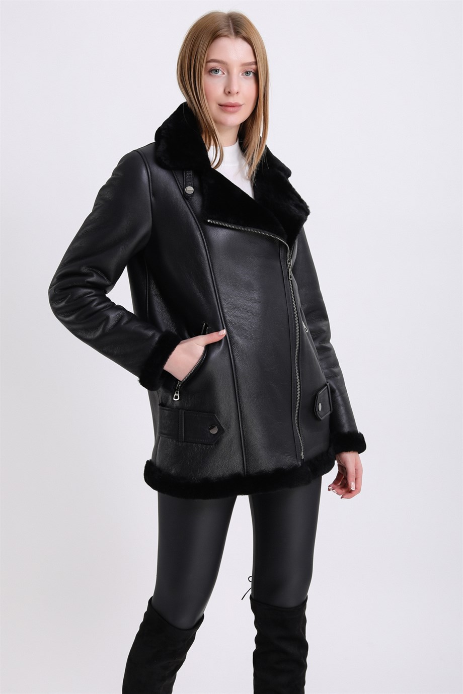 Manteau pilot noir doublé de fourrure, LC Leather Club