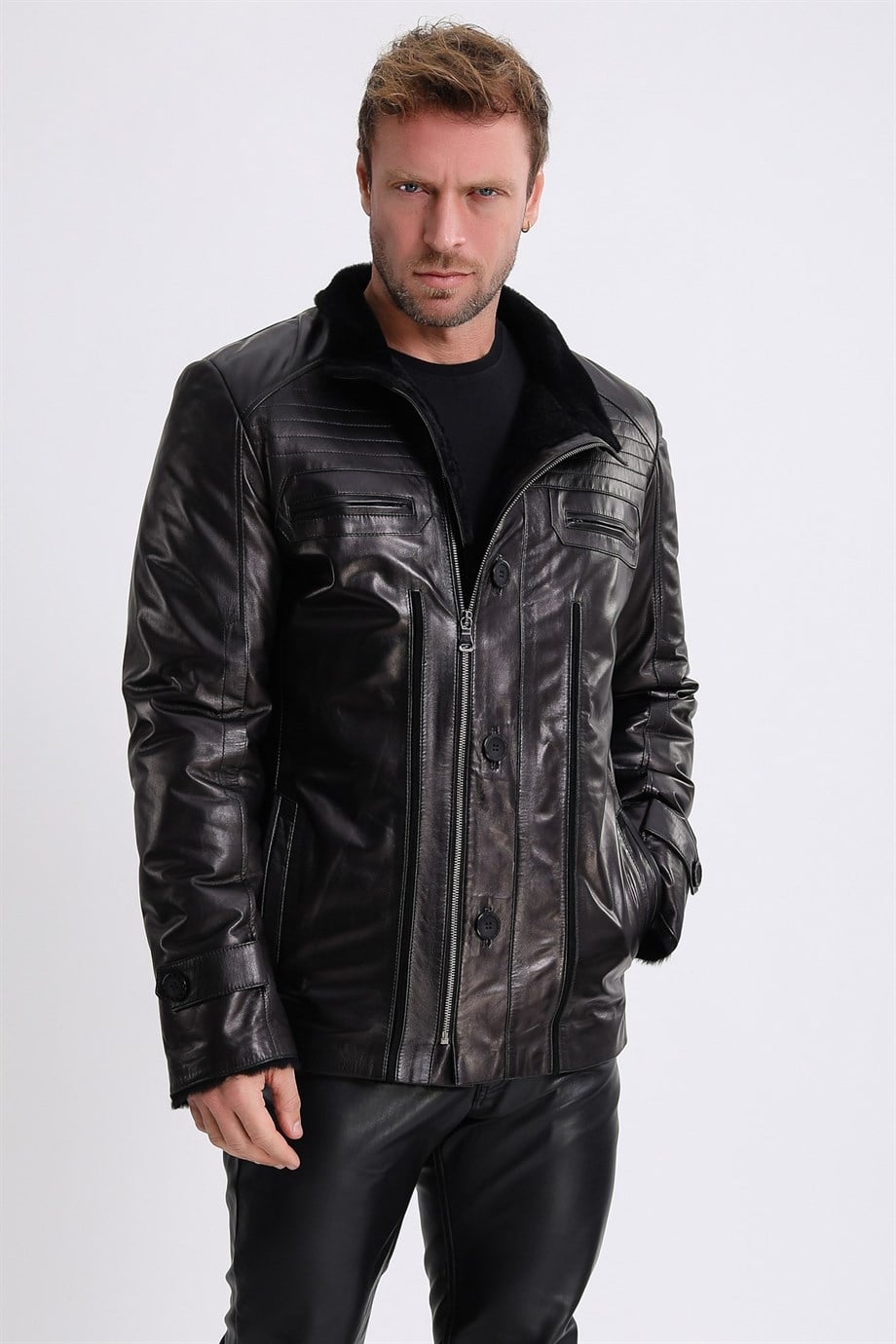 Manteau en cuir noir doublé en fourrure d'agneau, LC Leather Club