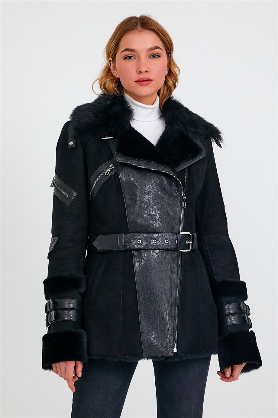 Schwarzer Lammfellmantel, LC Leather Club