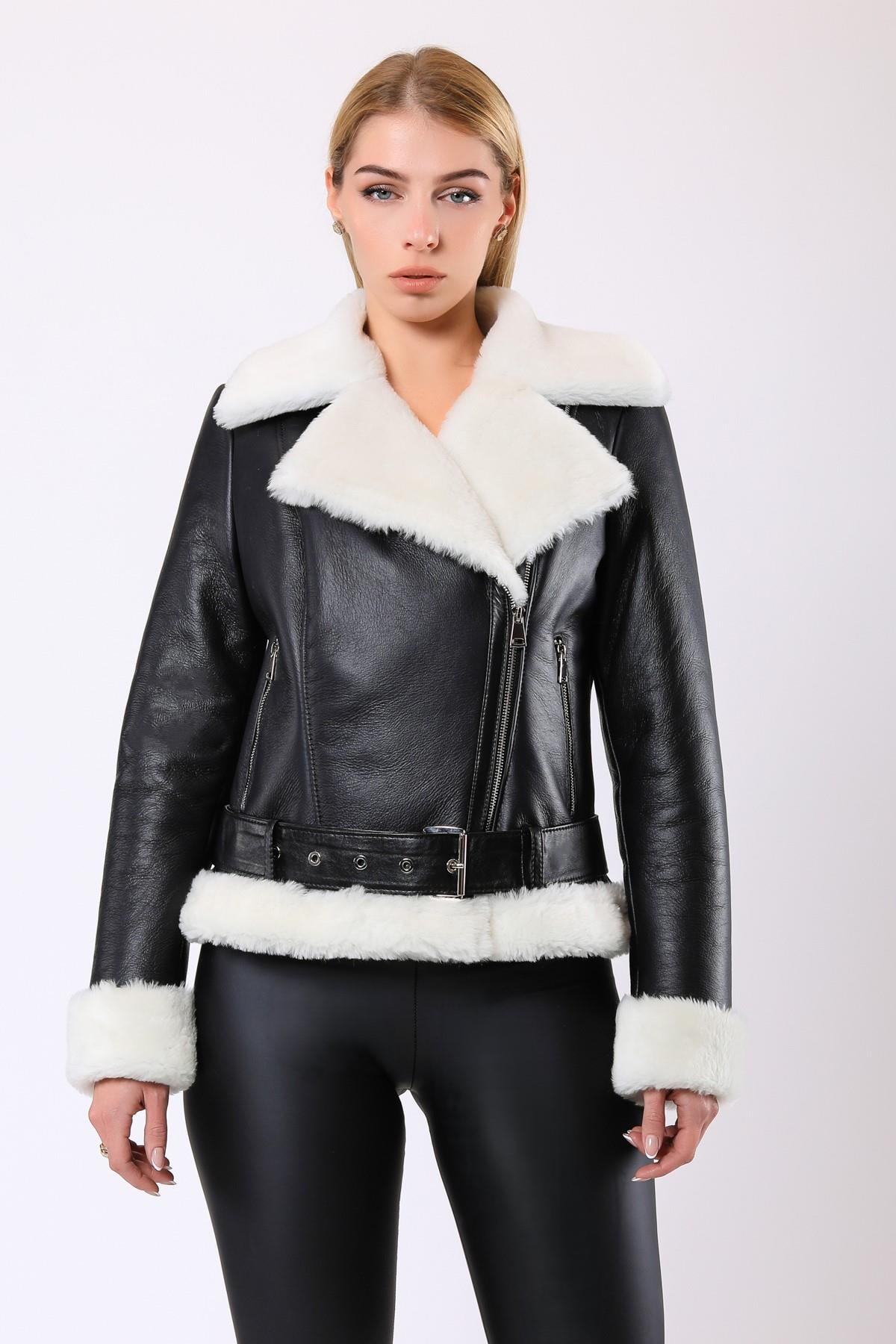 Zwarte bontmantel Kylie, LC Leather Club