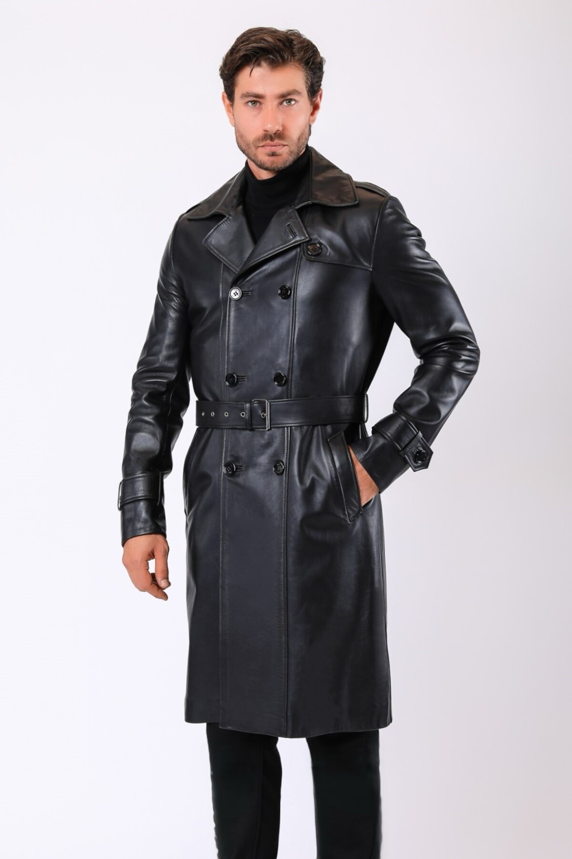 Czarny trencz Leonardo ze skóry naturalnej, LC Leather Club