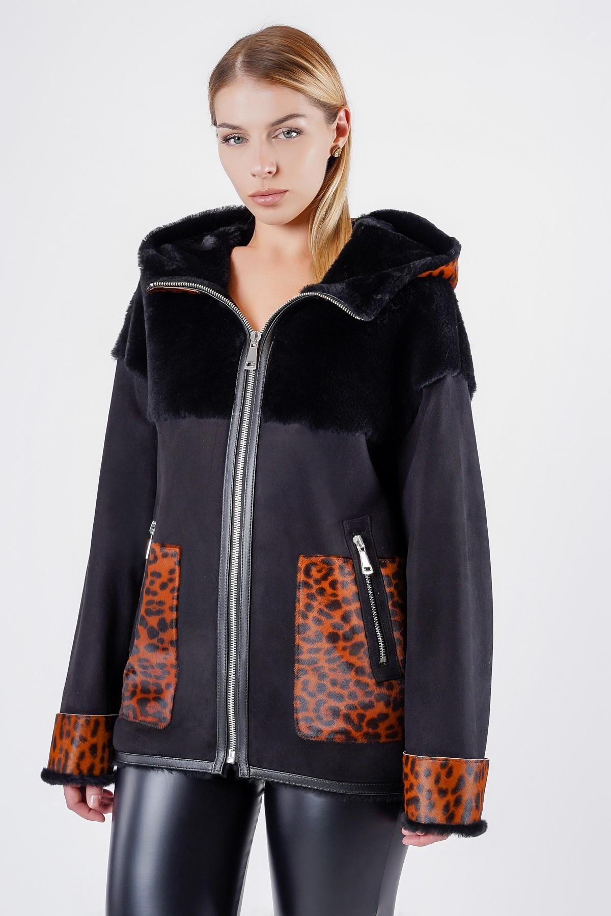 Schwarze Leopard Pelzjacke, LC Leather Club