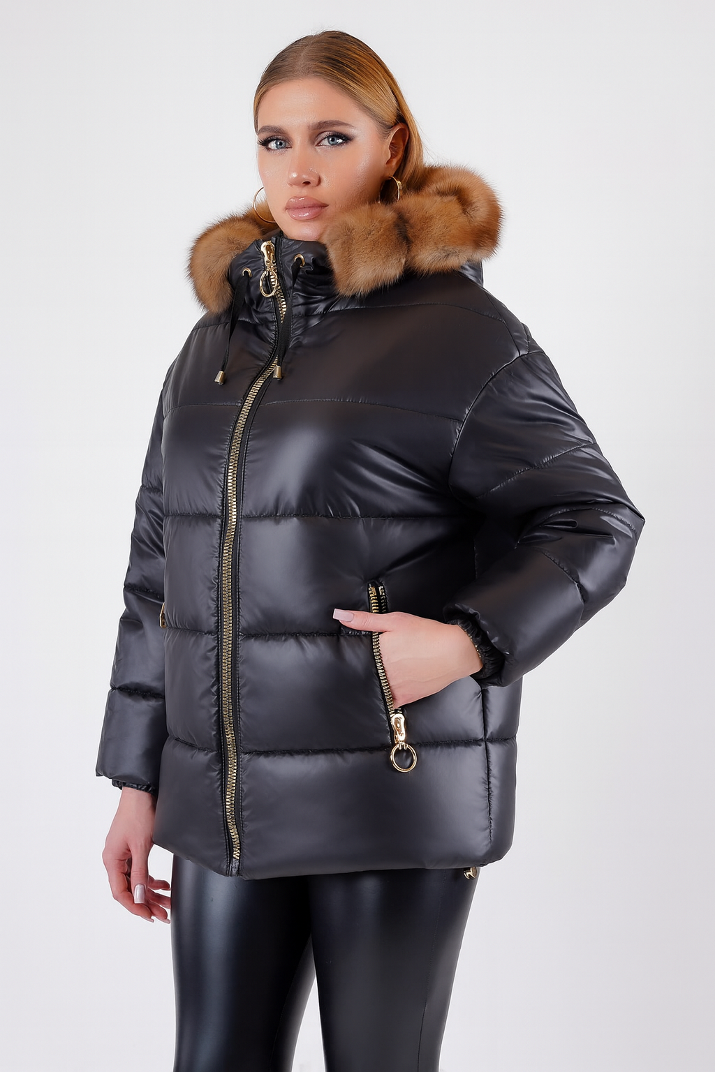 Doudoune noire avec garniture fourrure, LC Leather Club