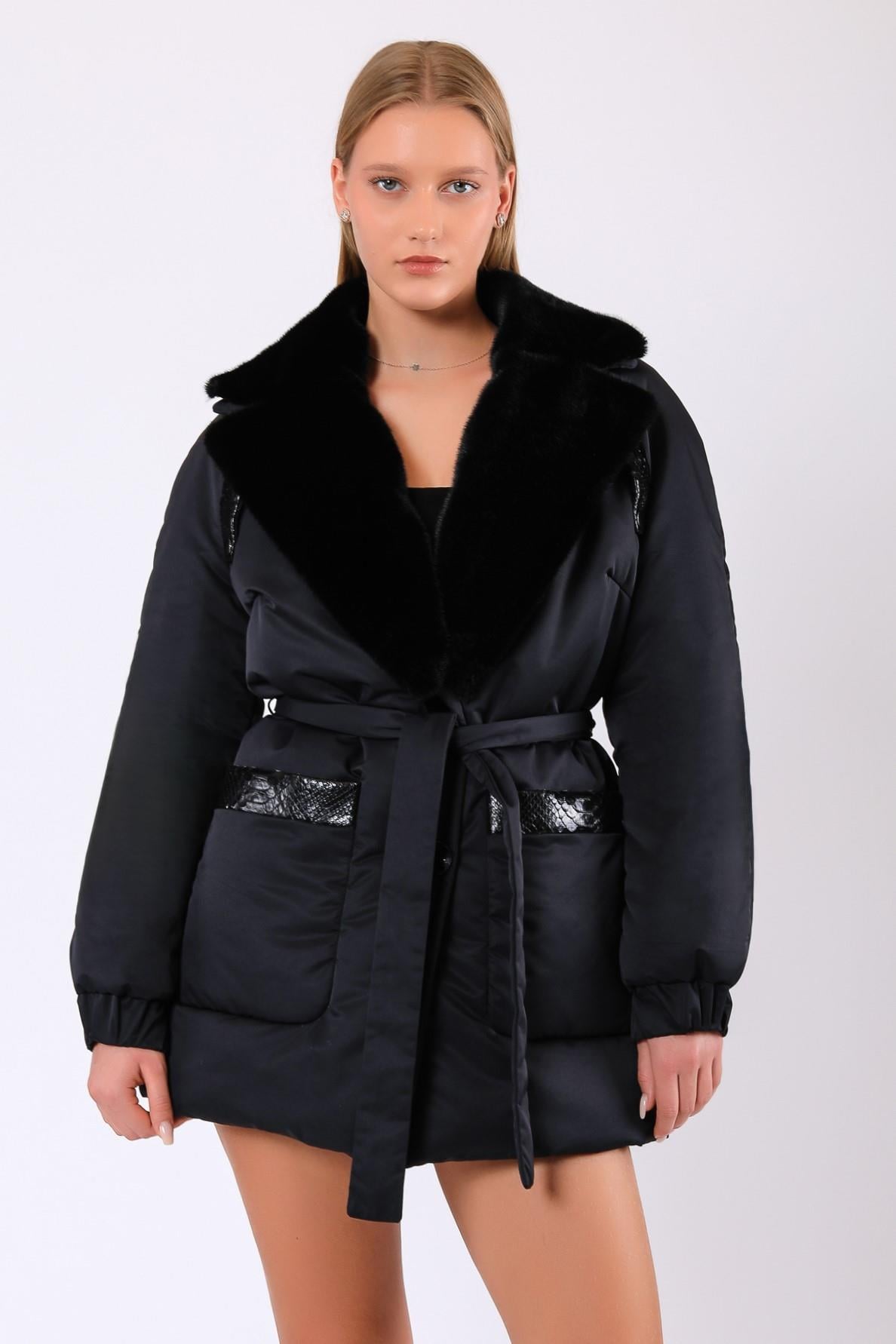 Doudoune Mathilda noire en cuir véritable avec garniture en fourrure, LC Leather Club