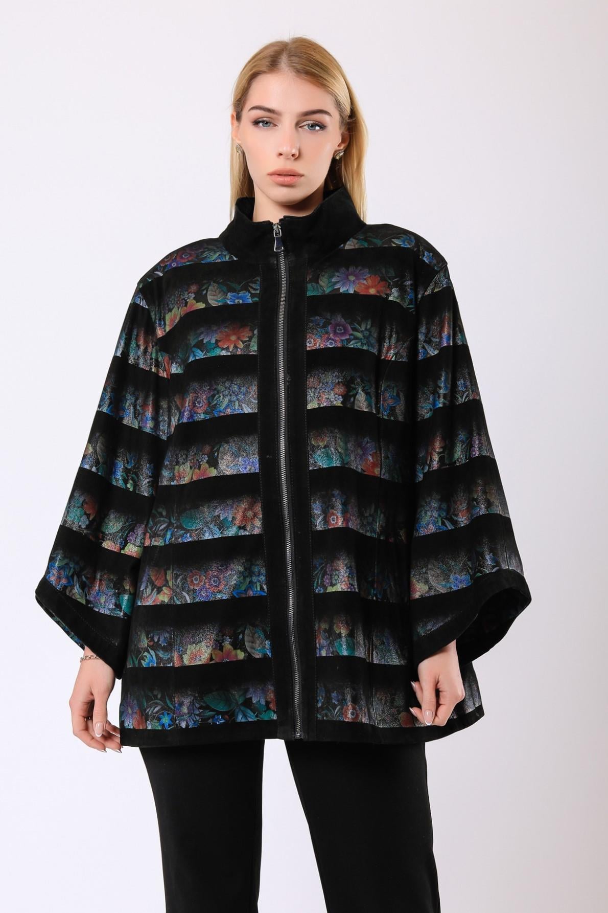 Manteau Michelle en daim noir à motif fleuri, LC Leather Club