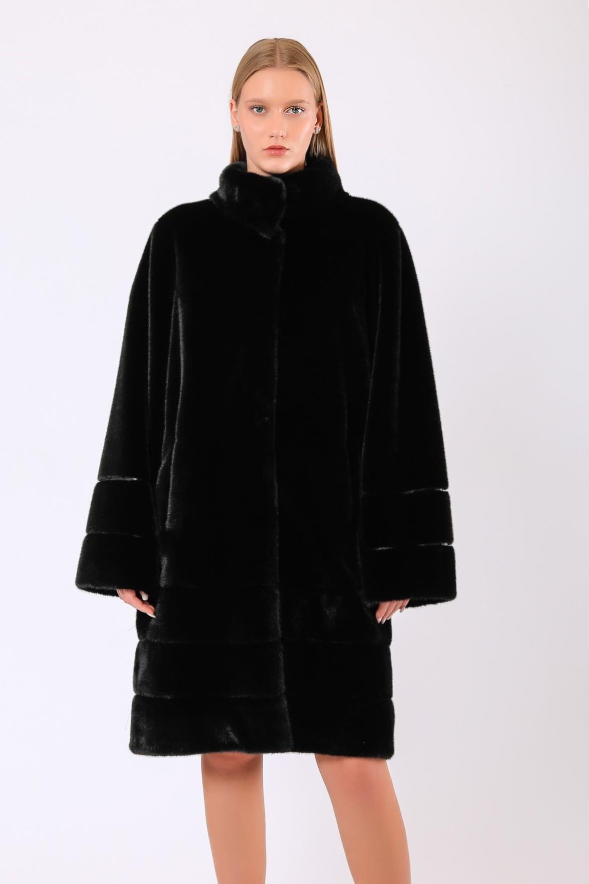 Zwarte bont en wollen mantel Monica, LC Leather Club
