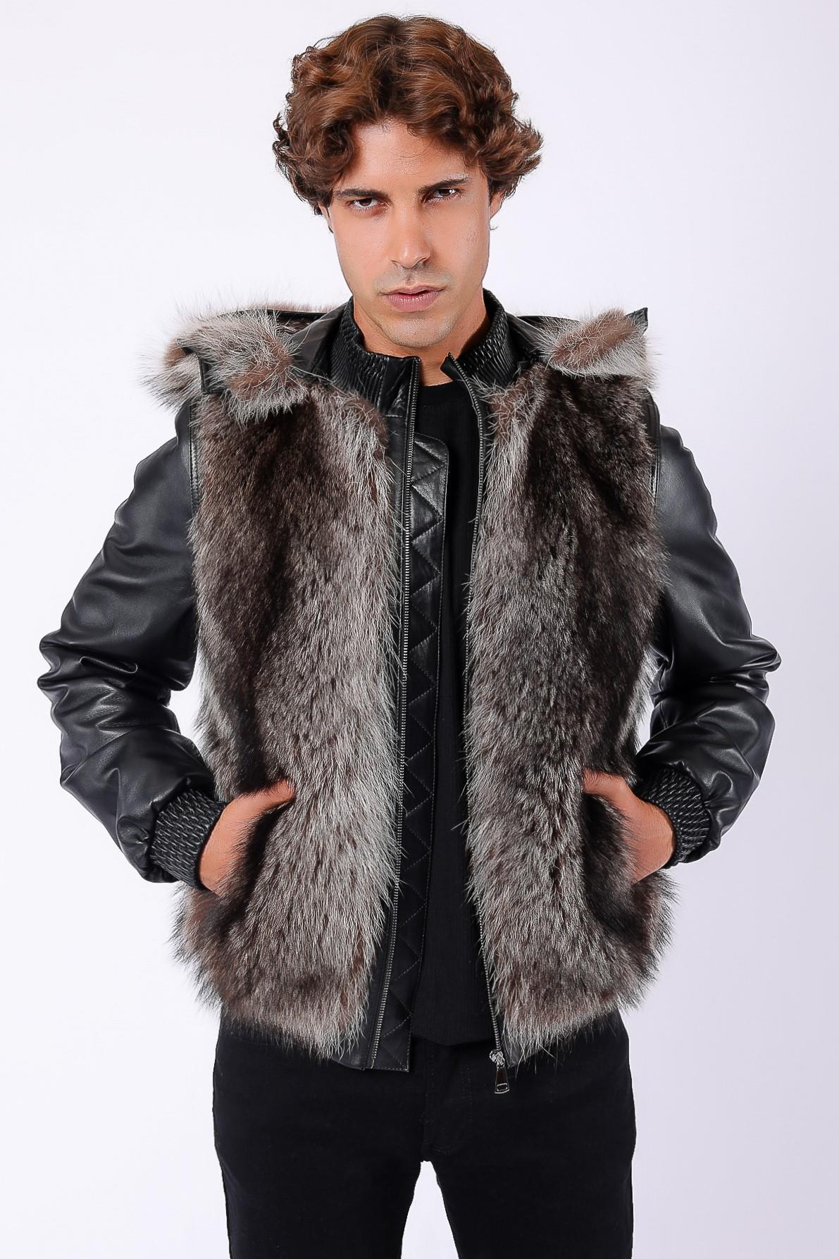 Manteau en cuir noir avec garniture fourrure de renard naturelle, LC Leather Club