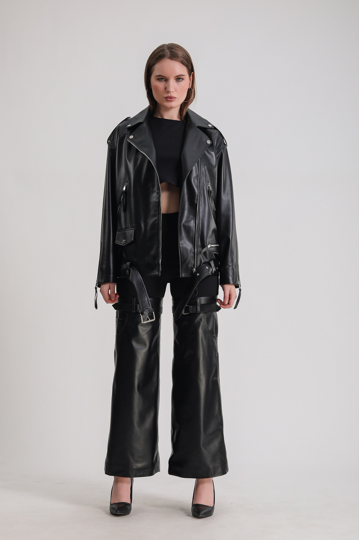 Czarna skórzana kurtka bikerowa oversize, LC Leather Club