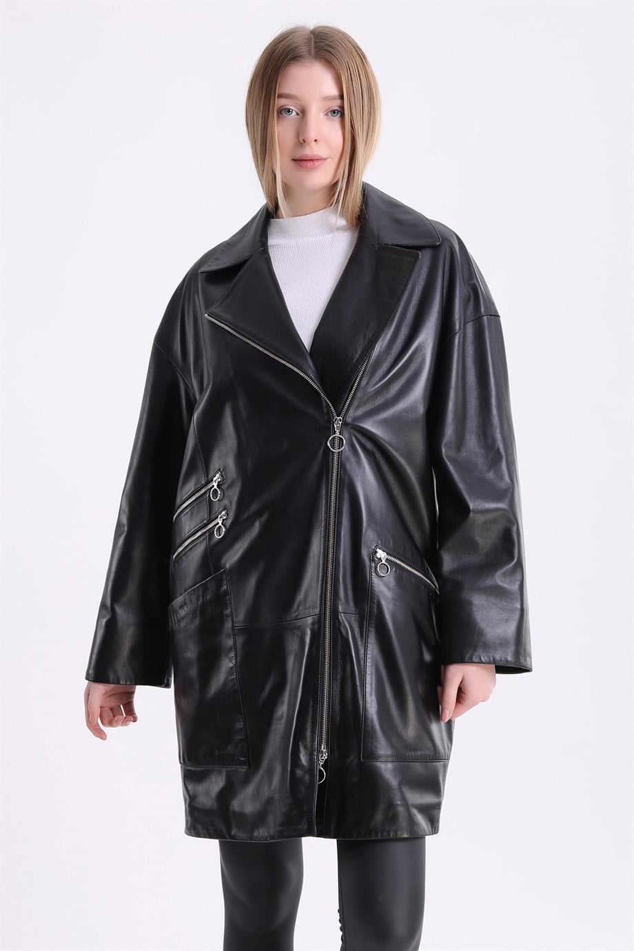 Manteau en cuir noir oversize, LC Leather Club