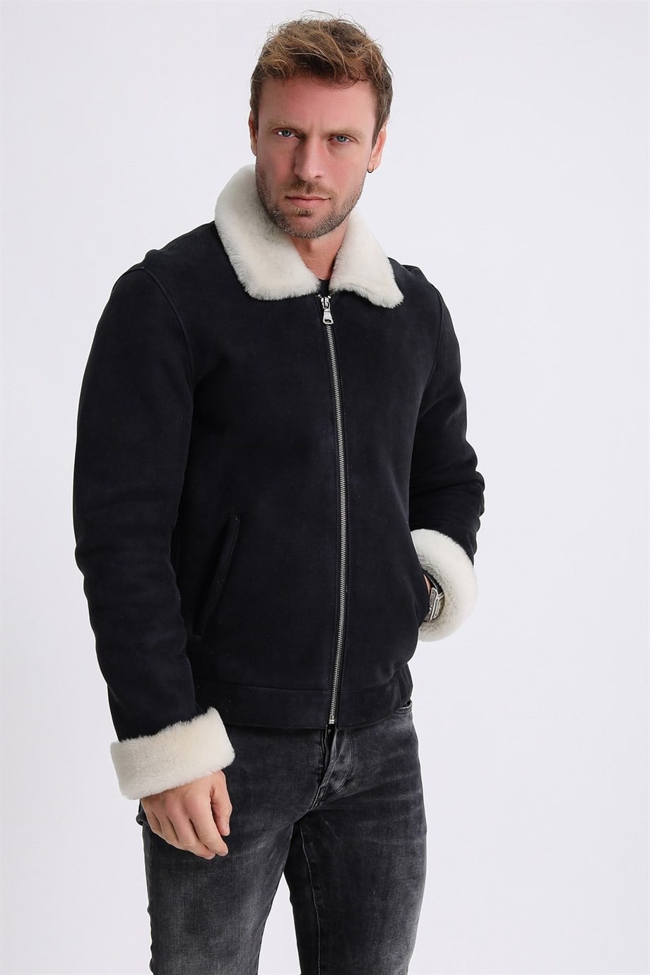 Veste Pilot en daim noir avec garniture de fourrure, LC Leather Club