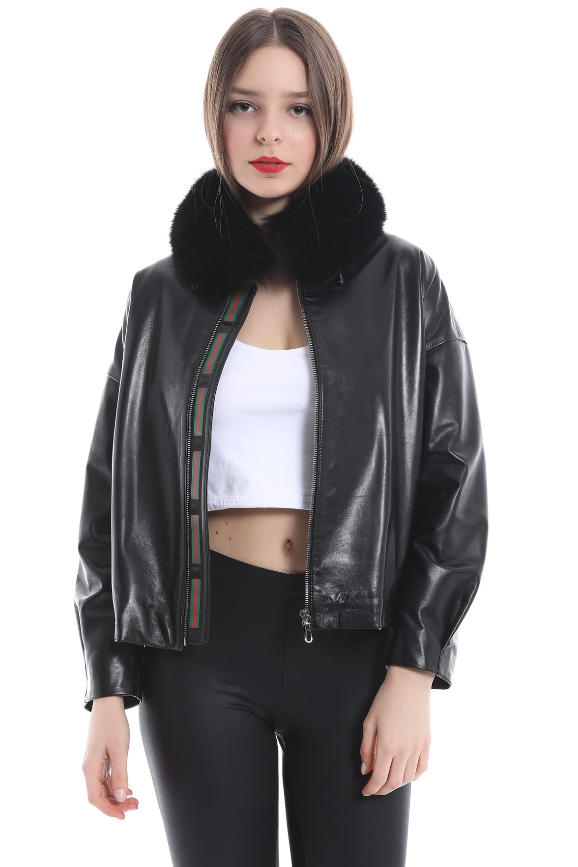 Czarny płaszcz skórzany z wykończeniem z królika rex, LC Leather Club