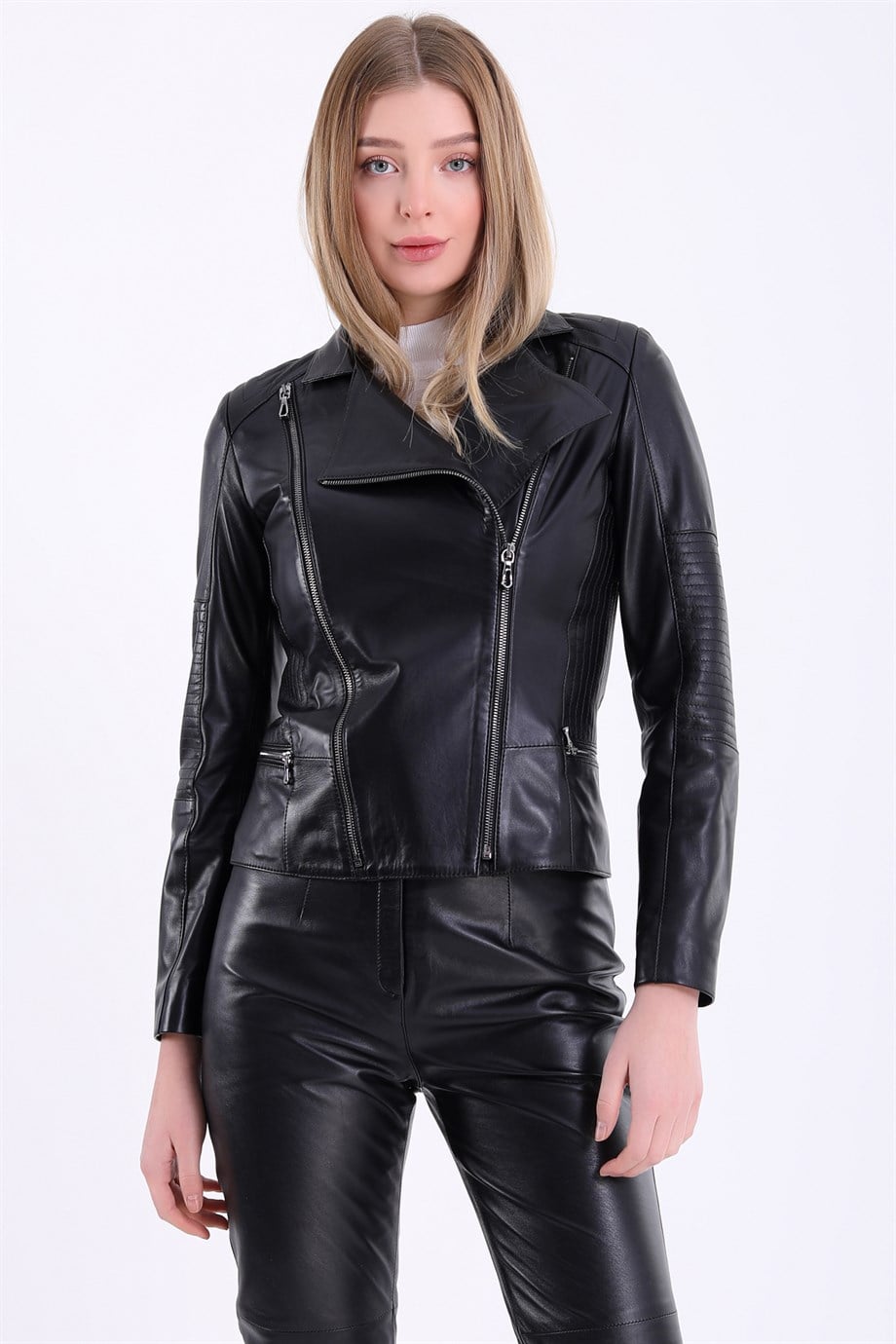 Zwarte wickel leren jas met lint detail, LC Leather Club
