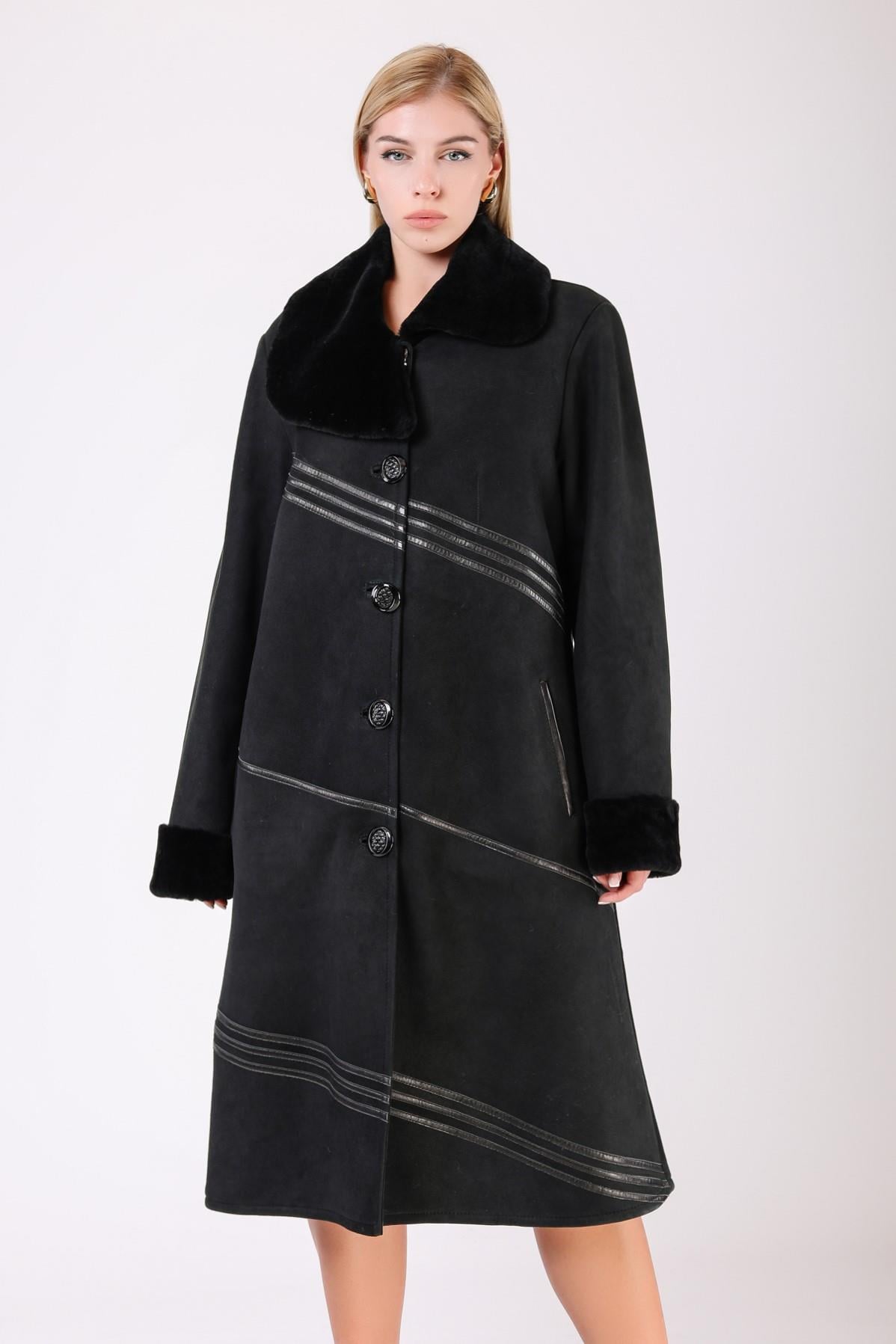 Manteau en fourrure noir à rayures, LC Leather Club