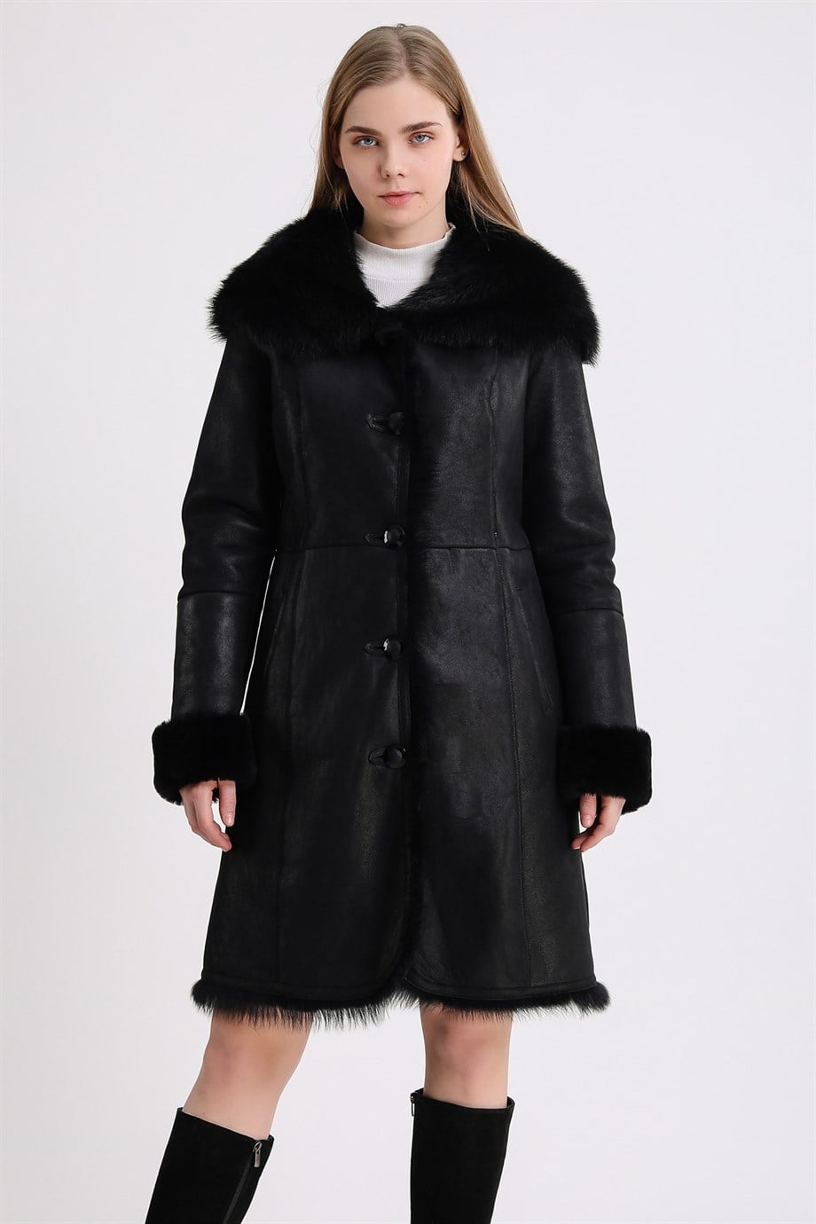 Zwarte Toscana-bontmantel Silky, LC Leather Club