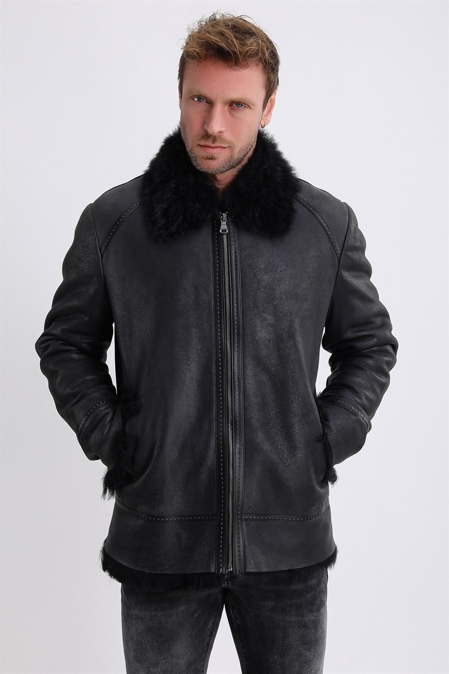Manteau en cuir noir doublé en fourrure Tigrado, LC Leather Club