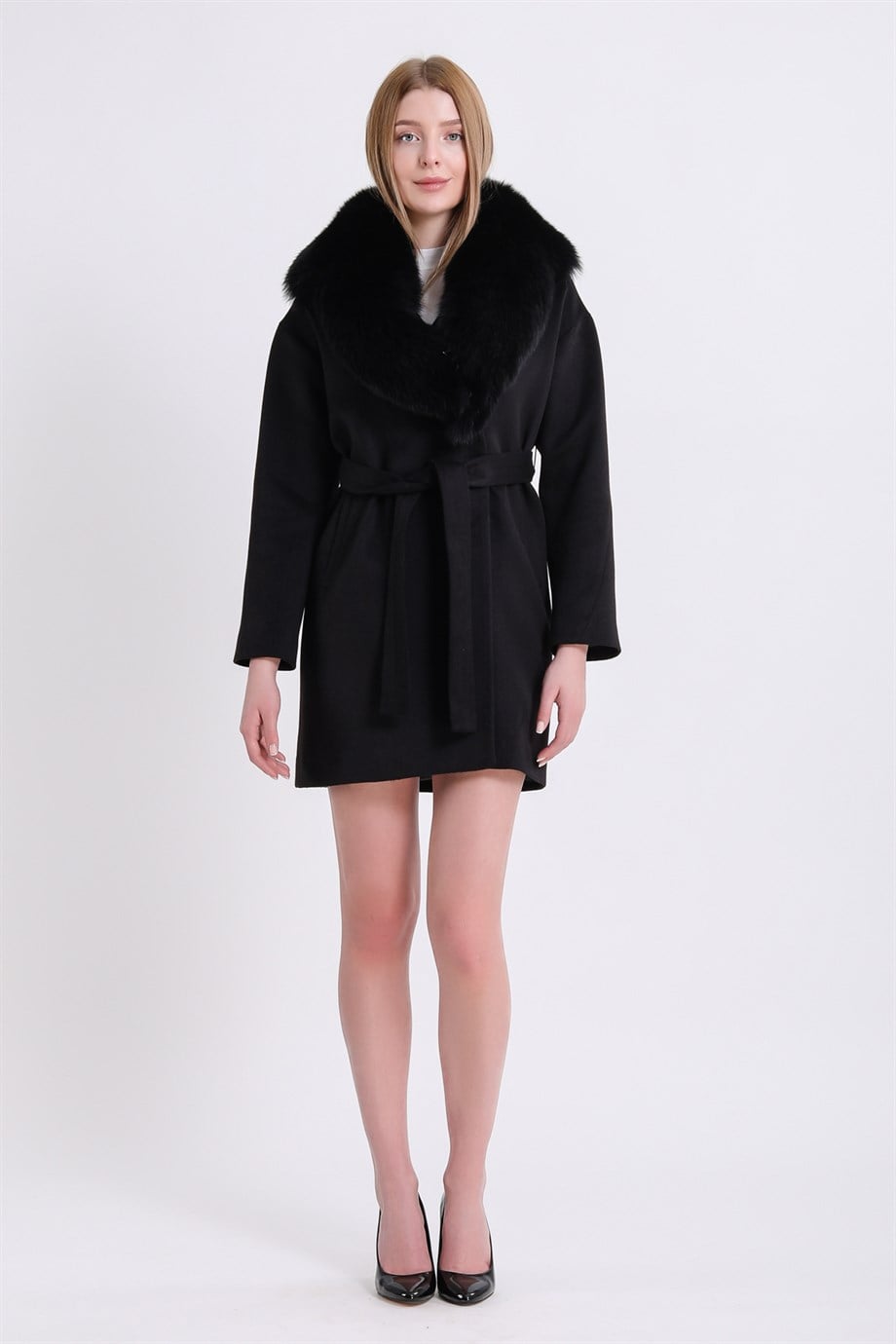 Manteau en cachemire noir avec finition fourrure renard, LC Leather Club