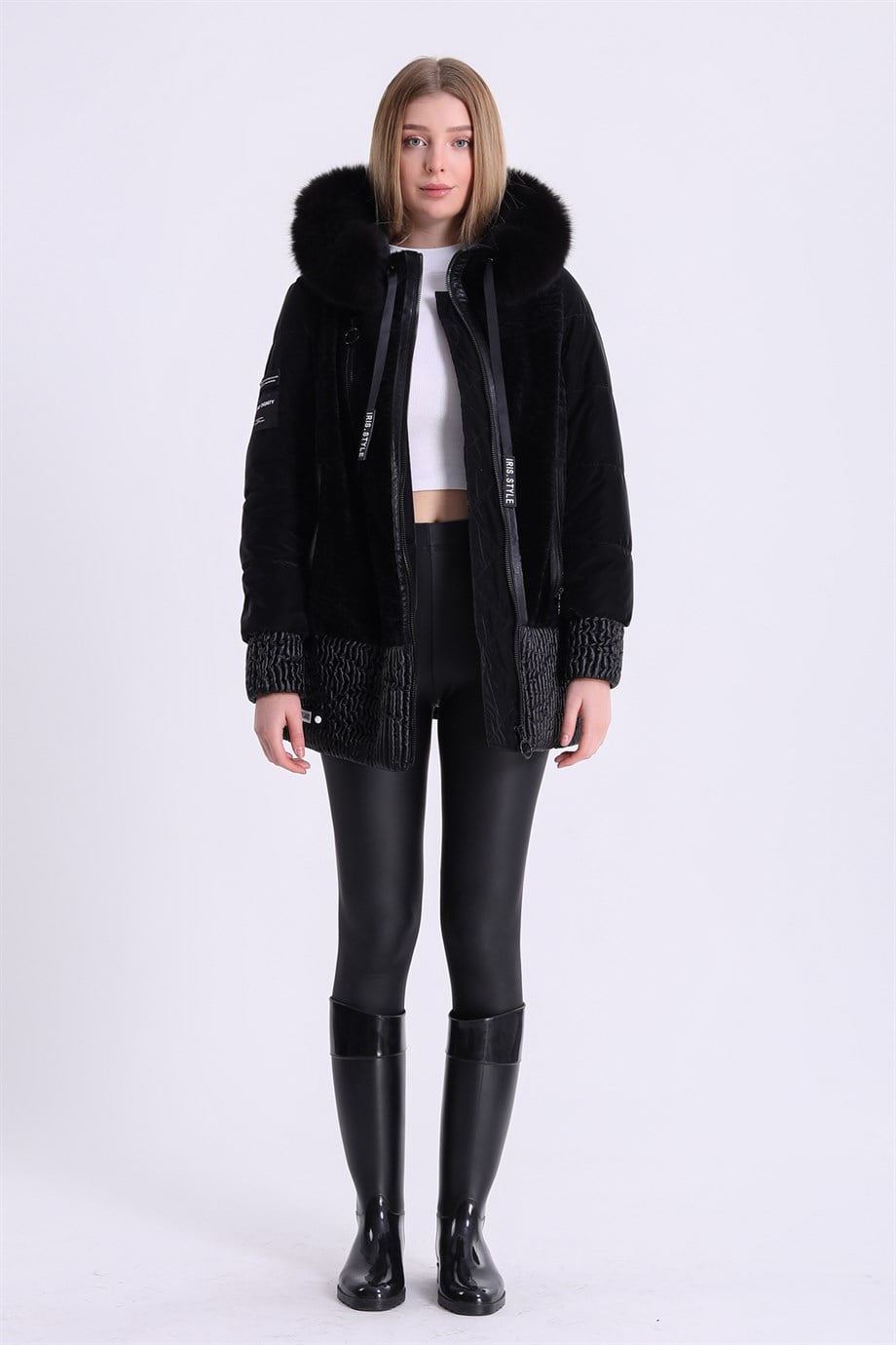 Manteau en astrakan noir garni de fourrure de renard, LC Leather Club