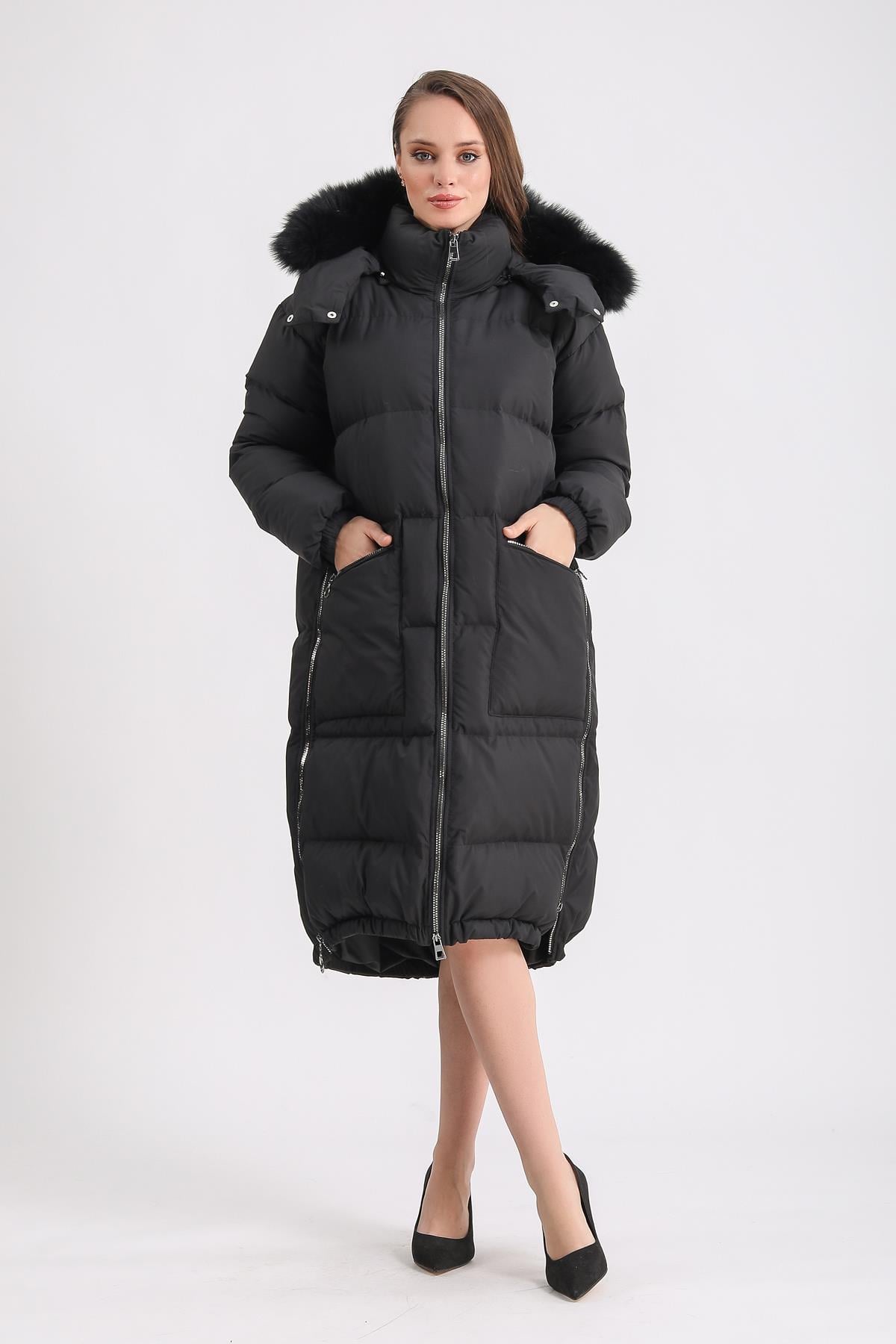 Doudoune noire avec détails en fourrure de renard, LC Leather Club