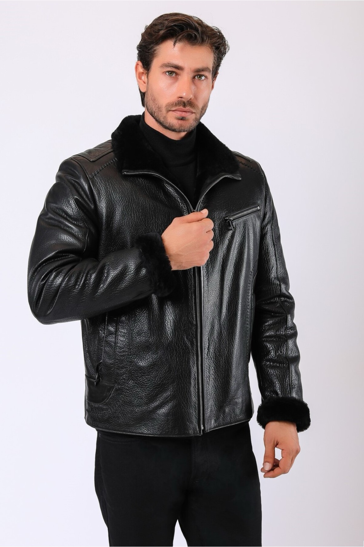 Czarny płaszcz Tony skórzany z podszewką z futra, LC Leather Club