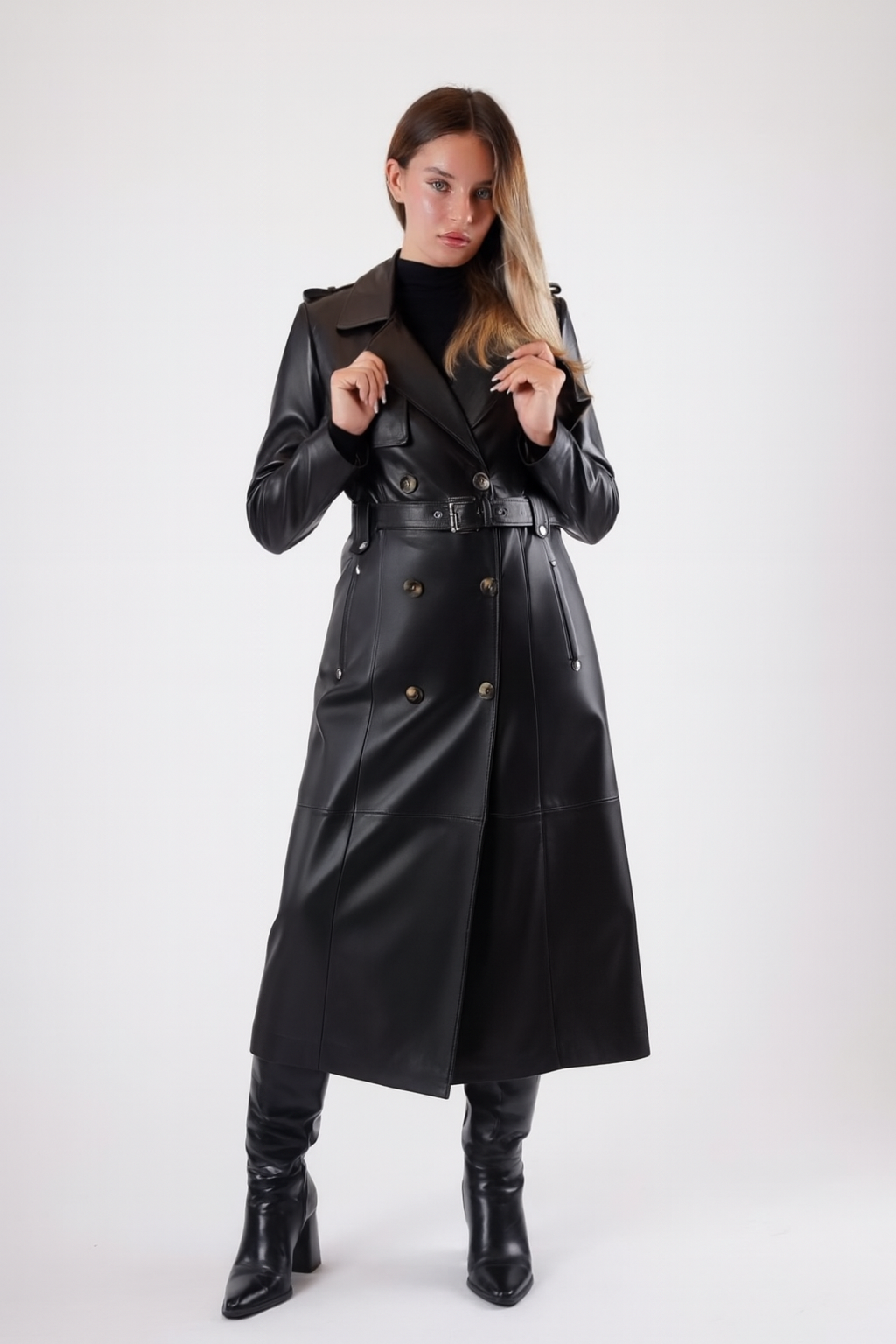 Manteau trench en cuir noir, LC Leather Club