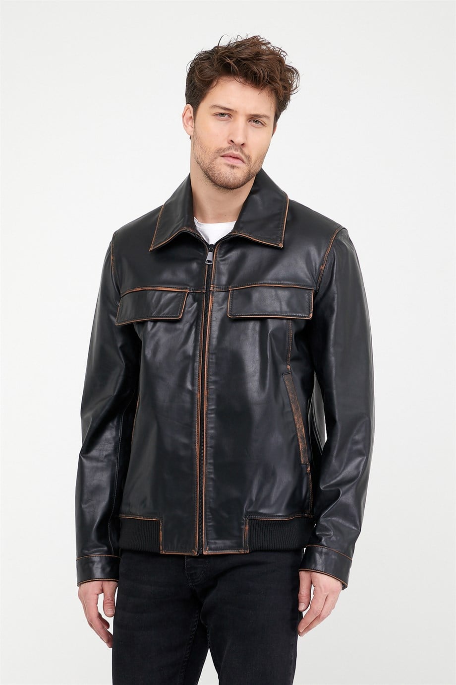 Veste en cuir noir Vintage Dégradé, LC Leather Club